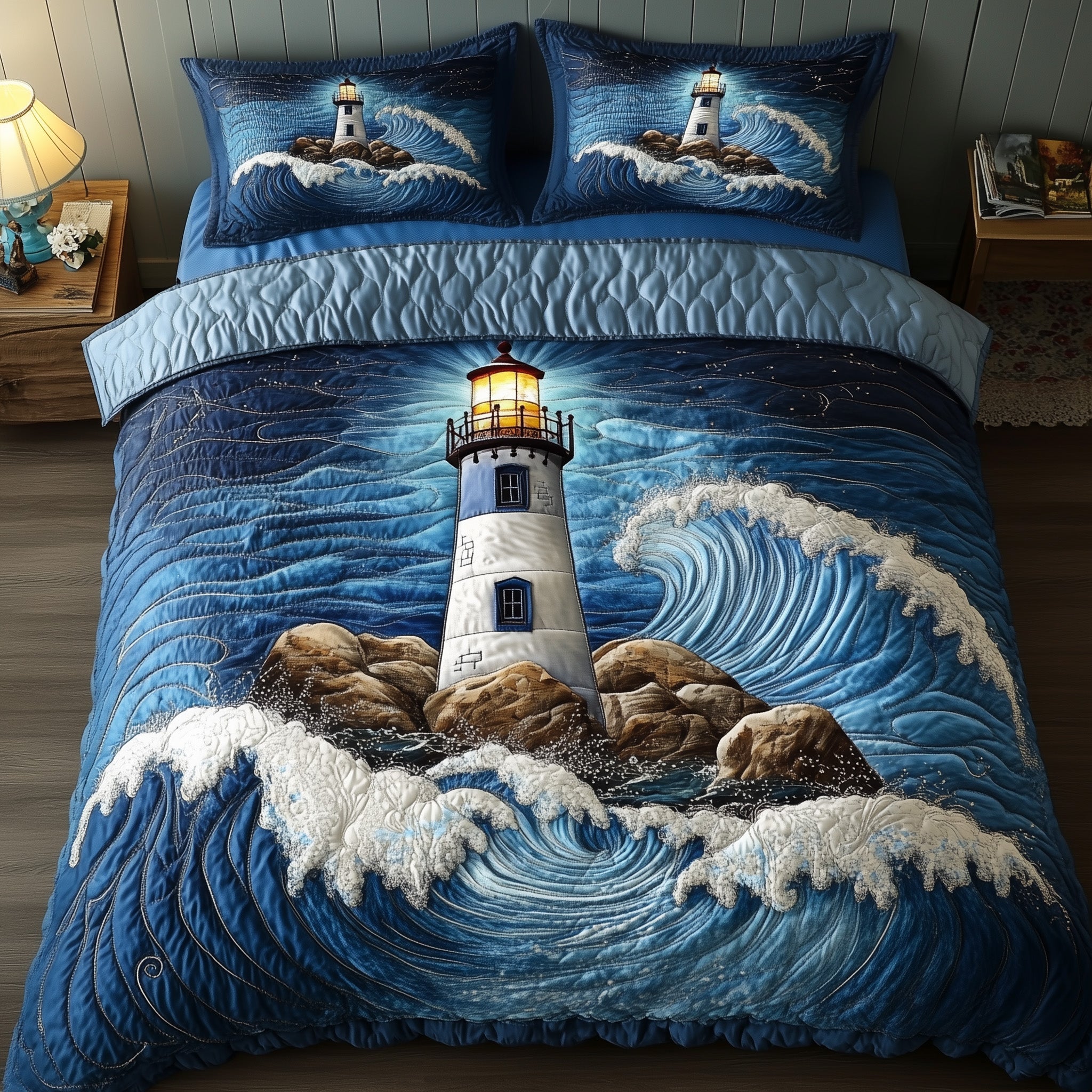 Seaside Serenity Quilted Bedding Set Over The Bed Decor Lighthouse Gifts For Women