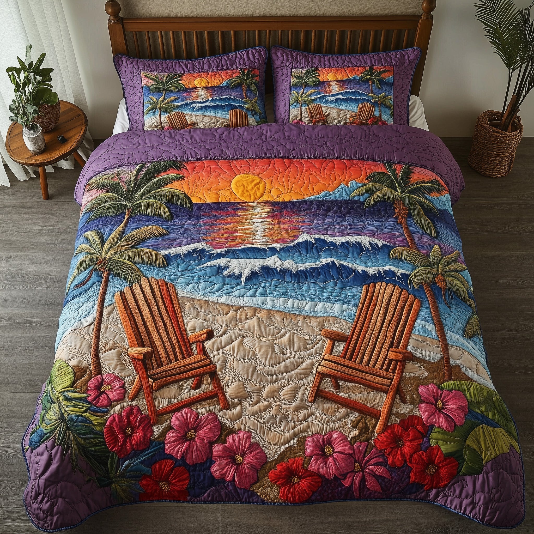 Seaside Sunset Chairs Quilted Bedding Set Boho Bedroom Furniture Gifts For Busy Moms