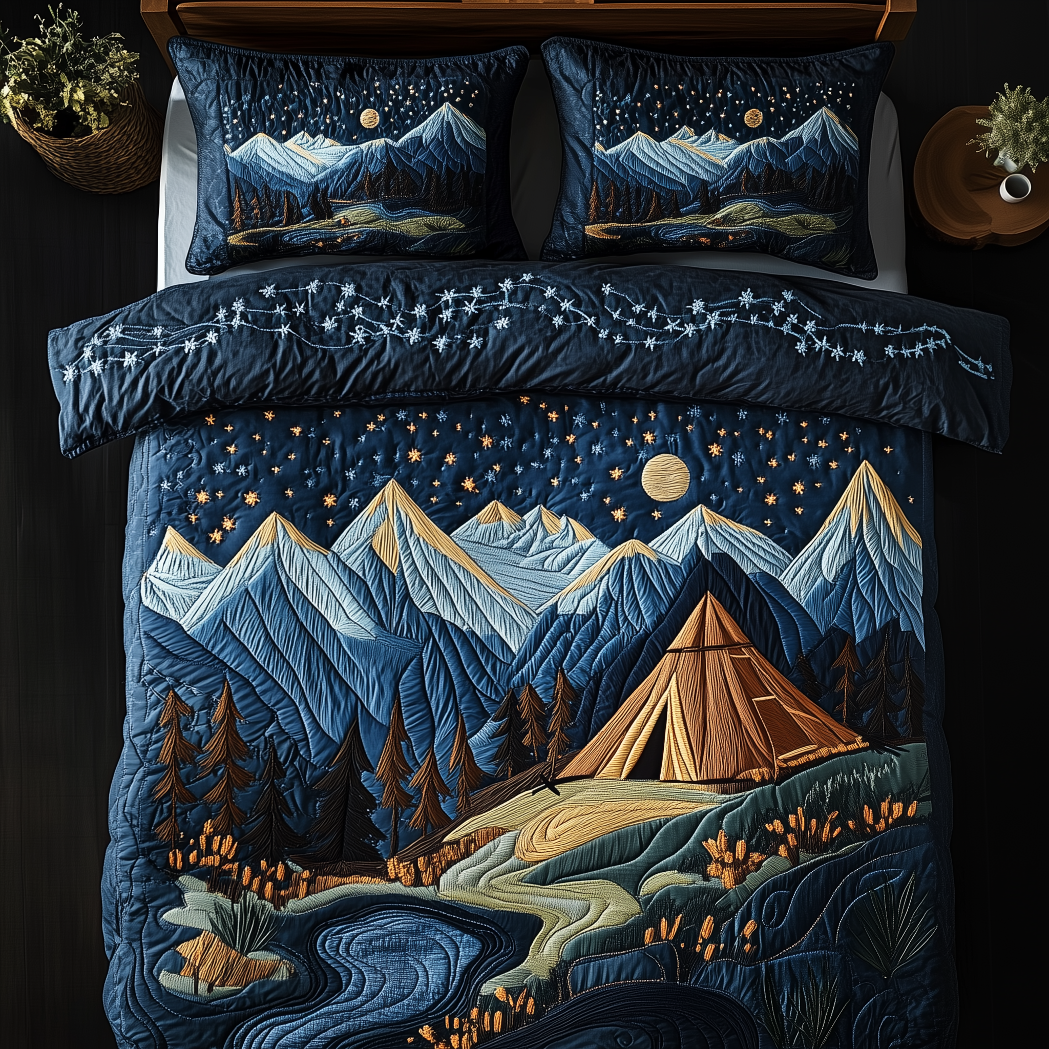 Serene Camping Night Quilted Bedding Set Comforter Sets Queen Great Father's Day Gifts
