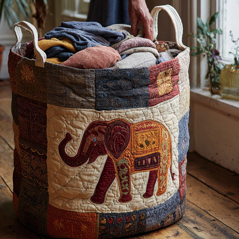Serene Elephant Quilted Laundry Basket Foldable Storage Bin Cool Gifts For Elephant Lovers