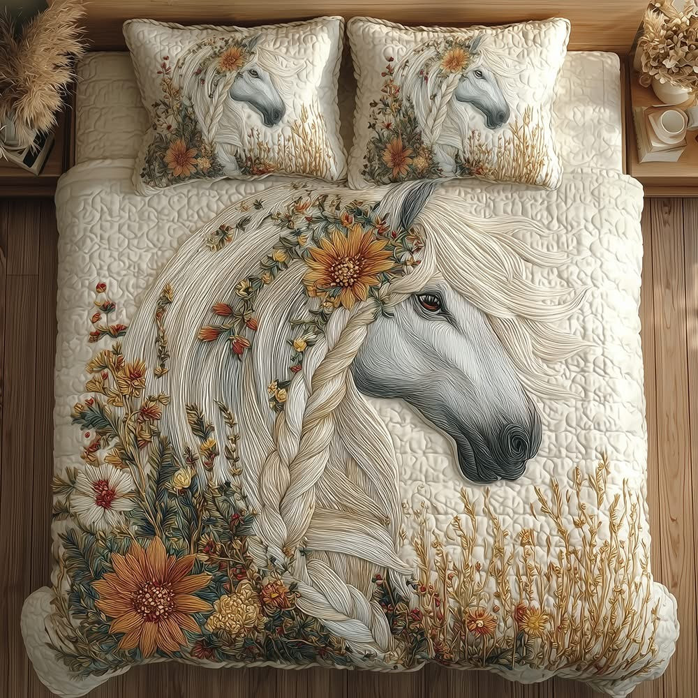 Serene Horse Quilted Bedding Set Unique Beautiful Duvet Cover Present For Horse Owners