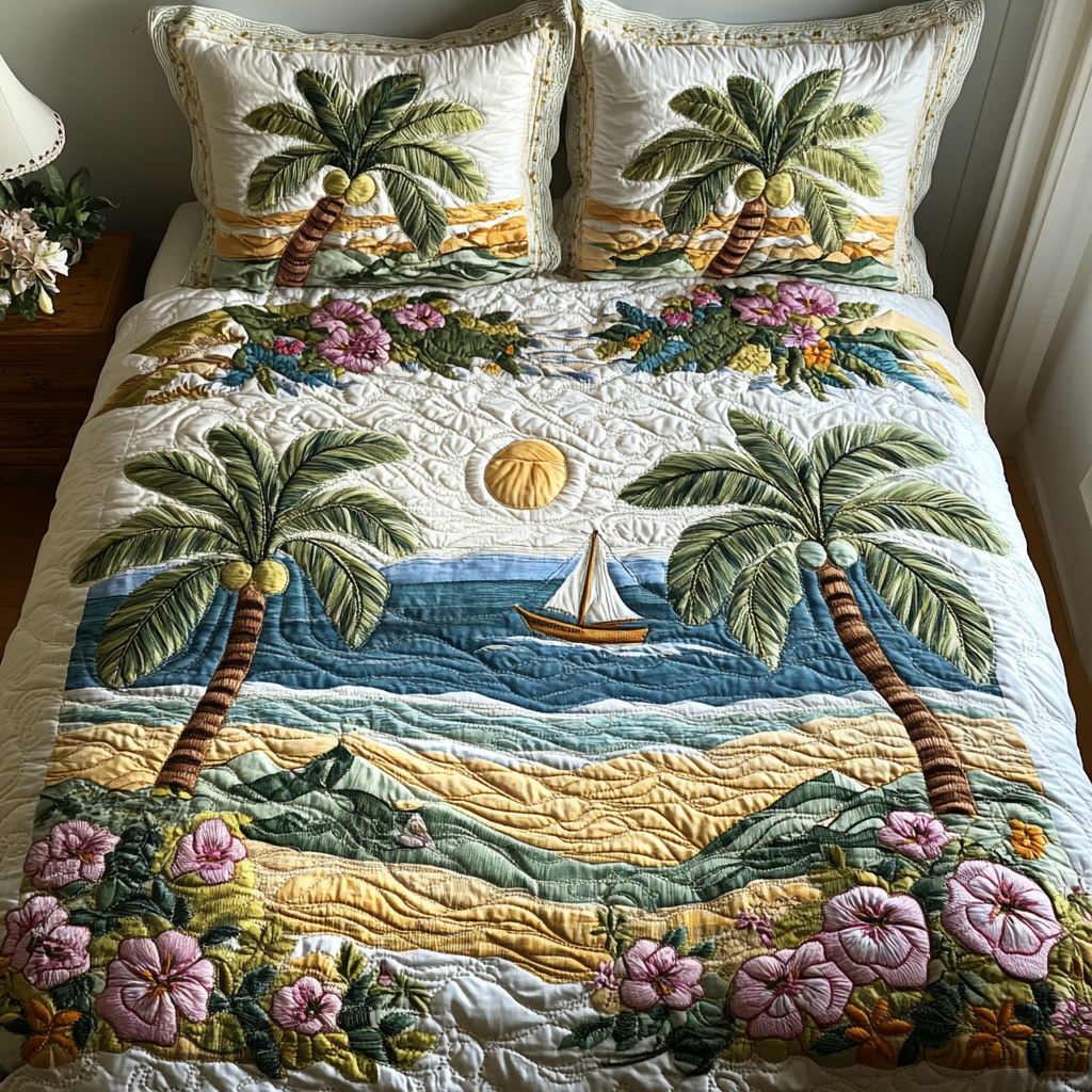 Serene Palm Island Quilted Bedding Set Bedspread Set Beach Themed Gift Ideas