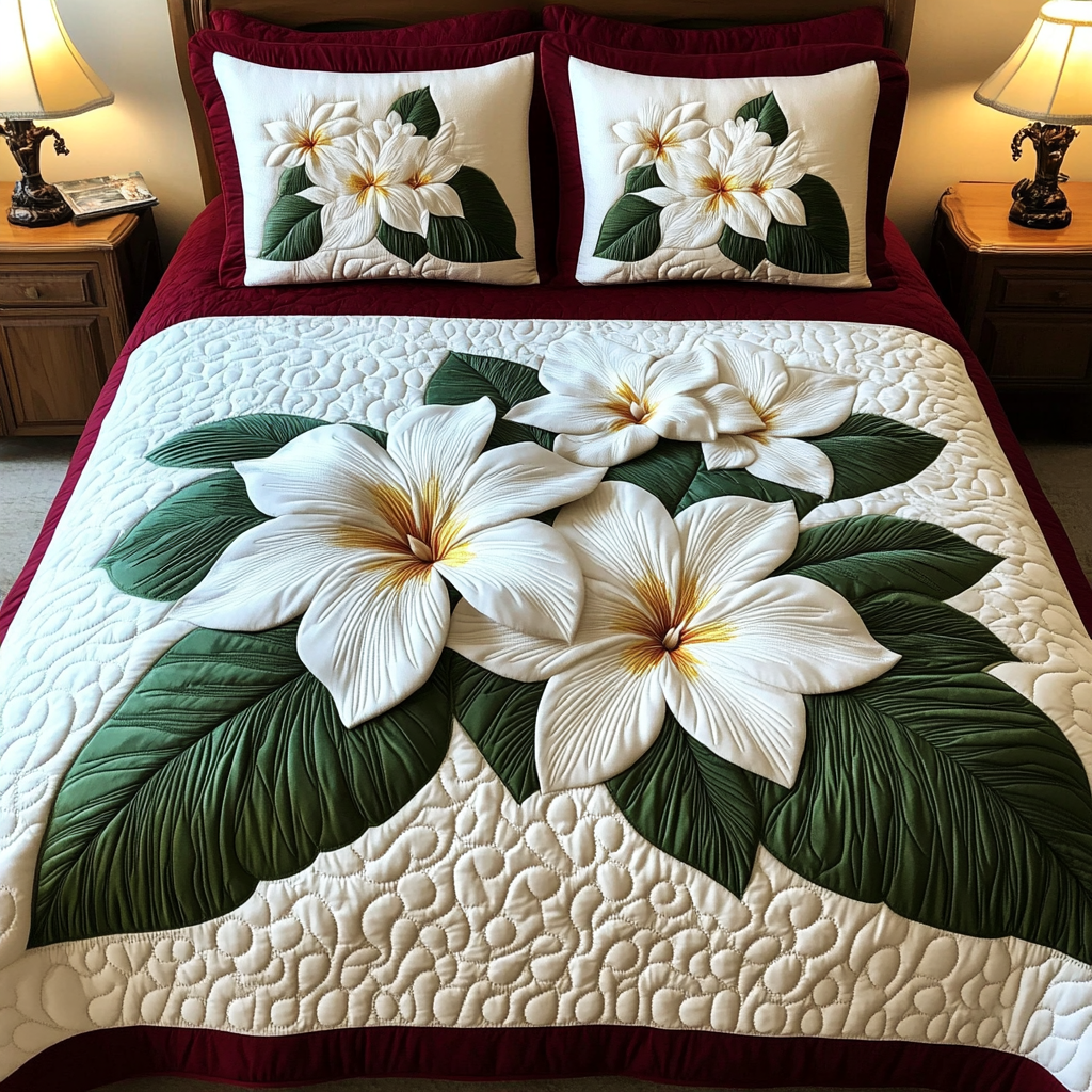 Serene Plumeria Quilted Bedding Set Cute Bed Sheets Best Gifts For Beach Goers