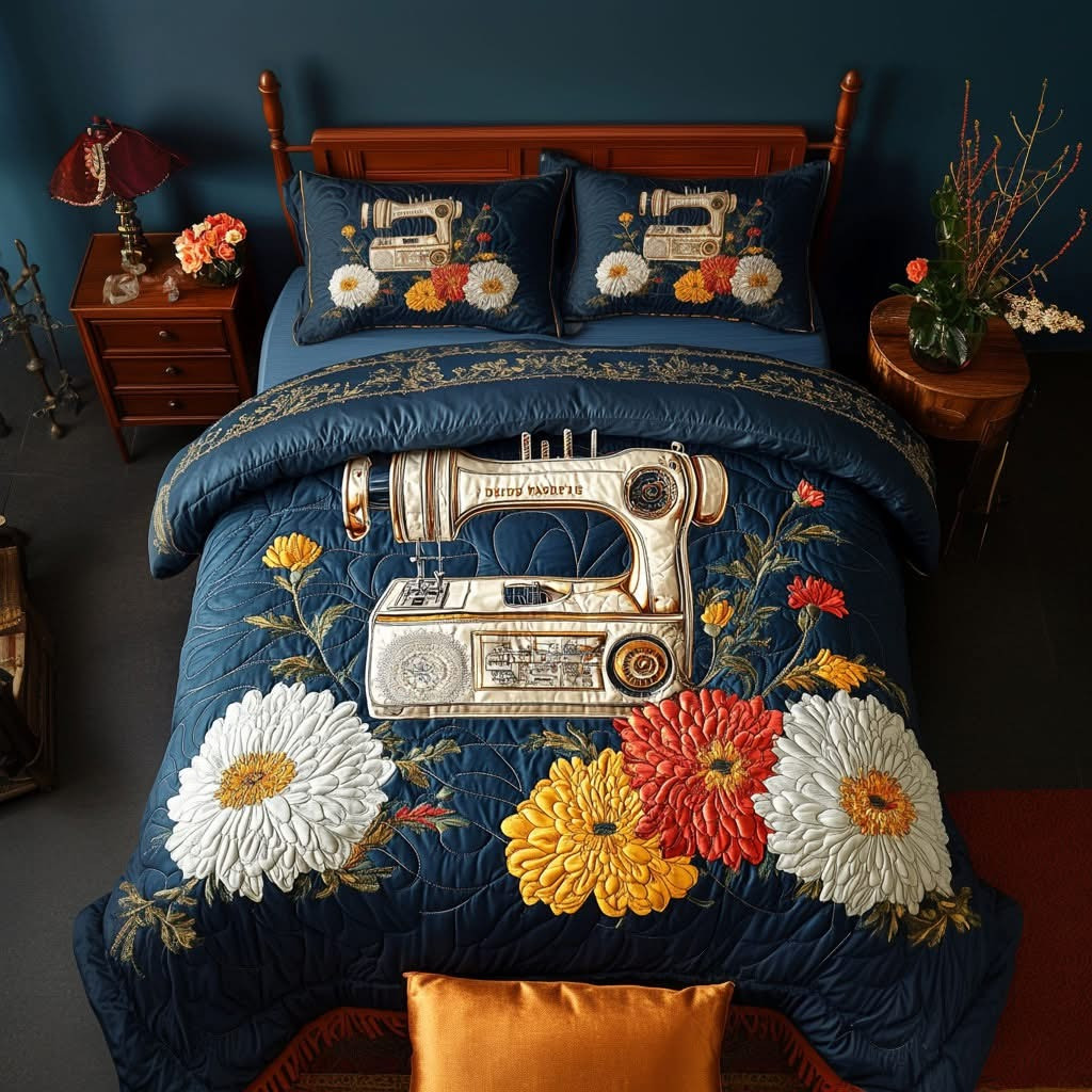 Sewing Machine Floral Quilted Bedding Set Over The Bed Decor Gifts For Sewing Lovers