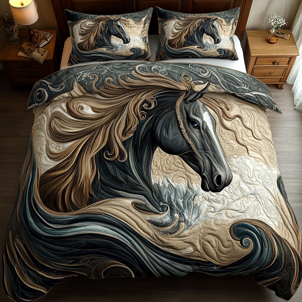 Shadow Hooves Quilted Bedding Set Best Bedspread Set Unique Gifts For Horse Lovers