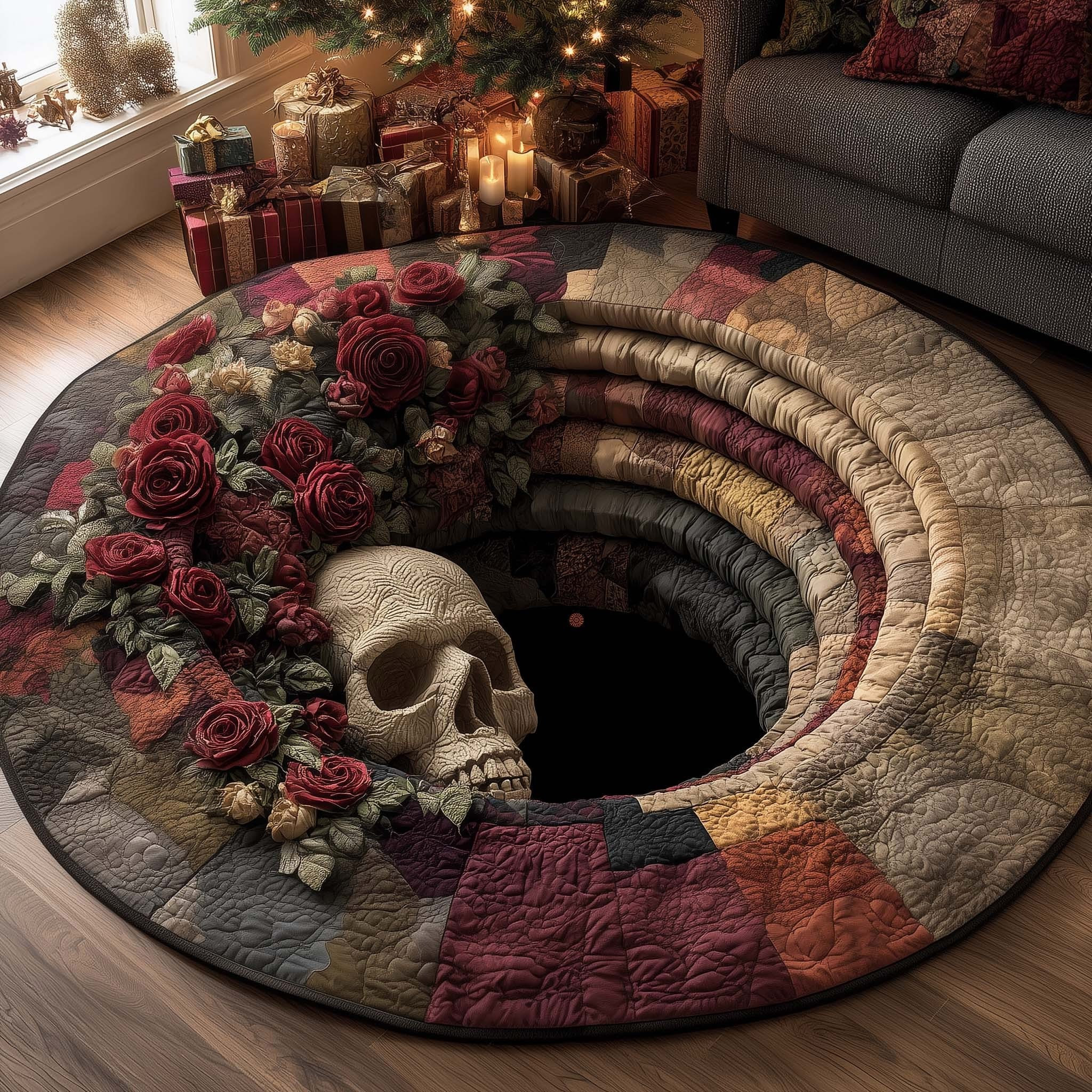 Shadow Skull Quilted Round Mat Rose Gothic Circle Rug Halloween Rug Living Room Decor