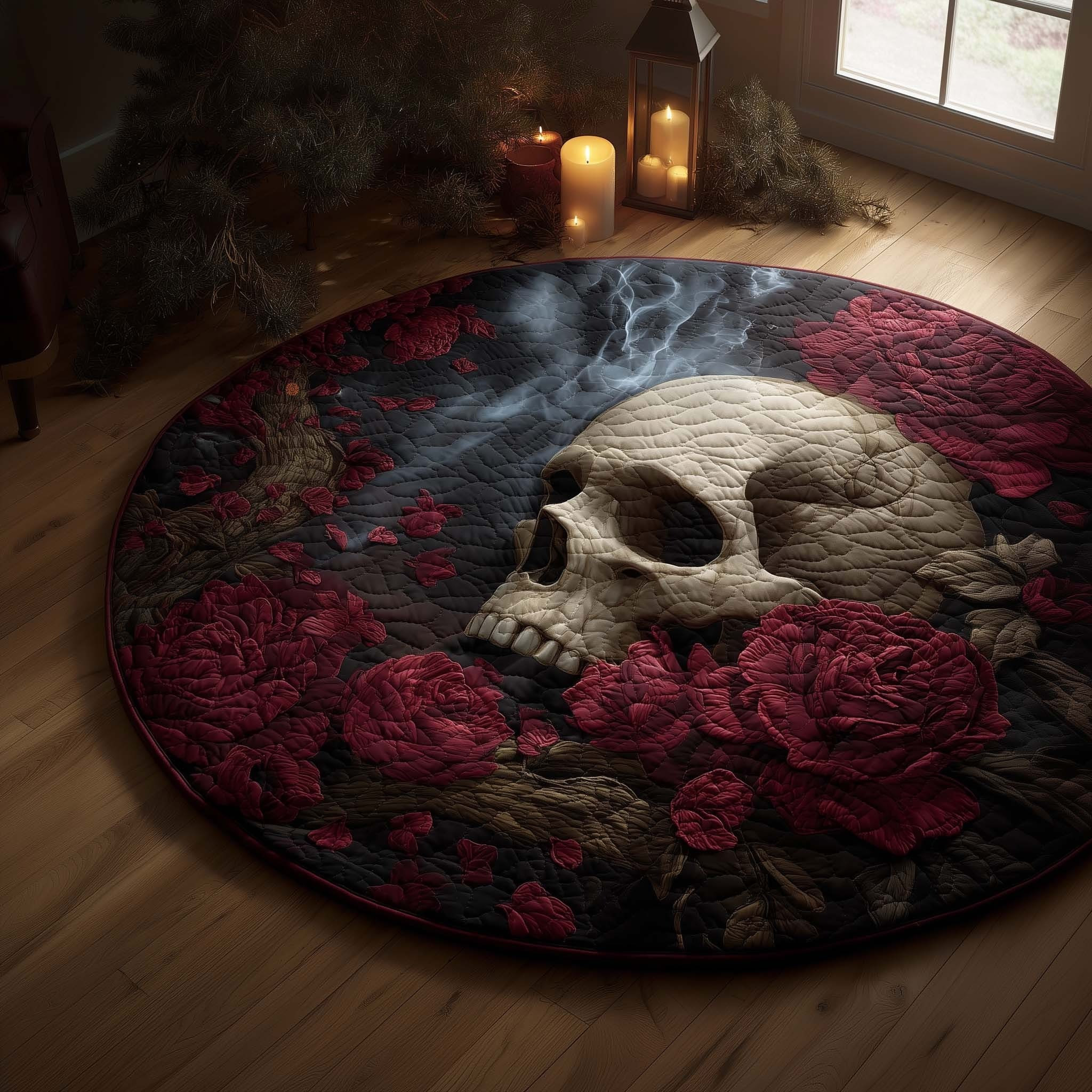 Shadow Skull Quilted Round Mat Rose Gothic Circle Rug Unique Gifts For Wife