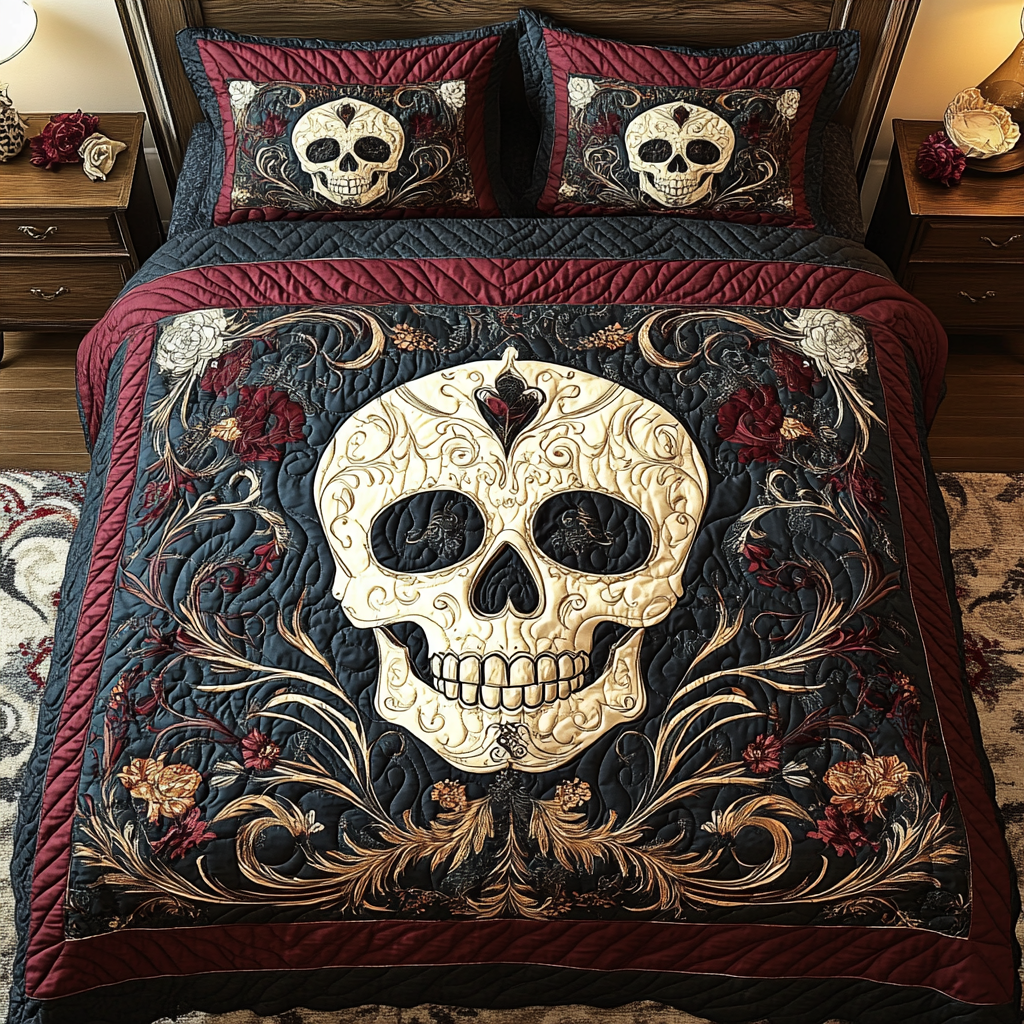 Shadowed Roses Skull Quilted Bedding Set Unique Bed Sheets Cool Skull Gifts For Her