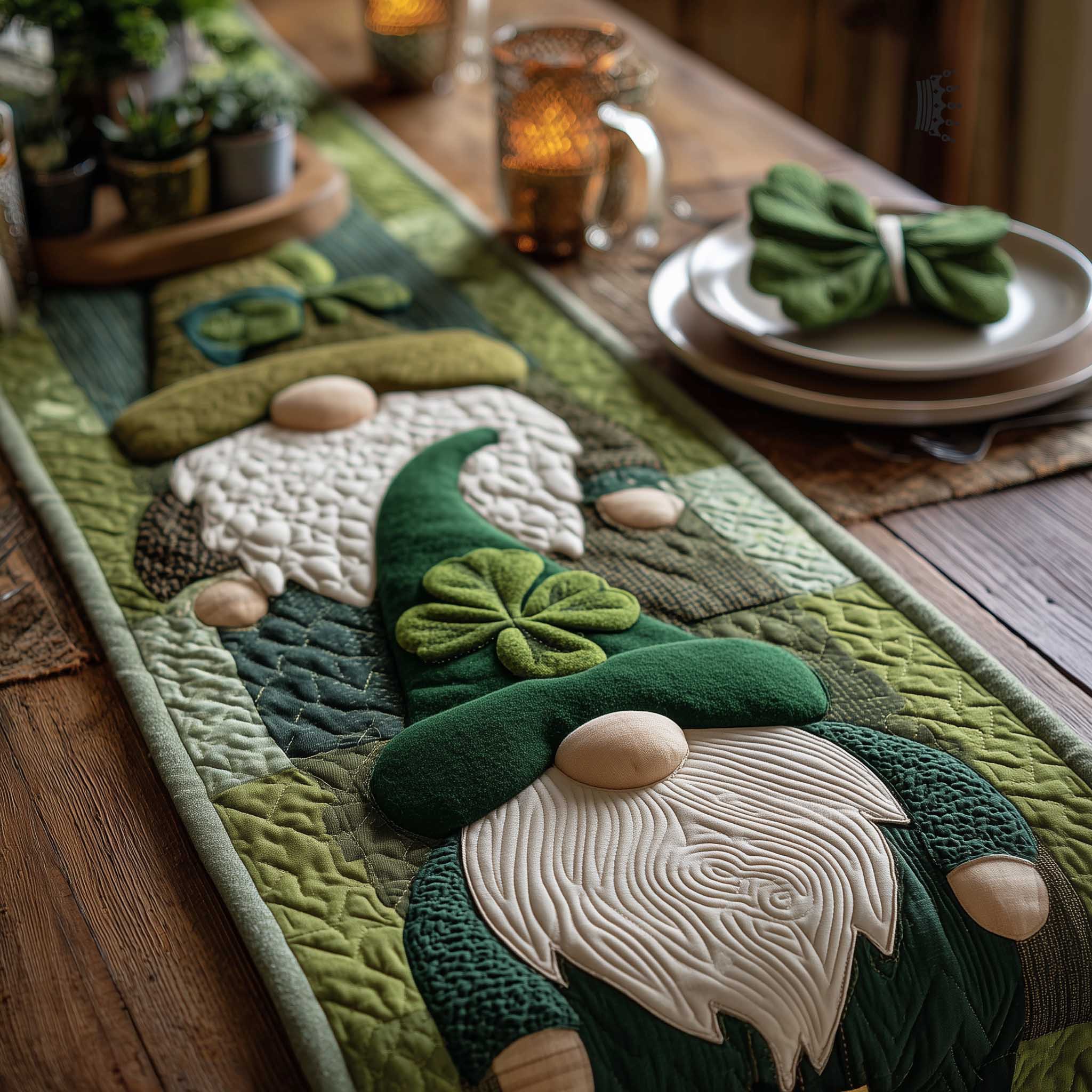 Shamrock Gnome Quilted Table Runner Dining Table Decor St Patrick's Day Gift Ideas