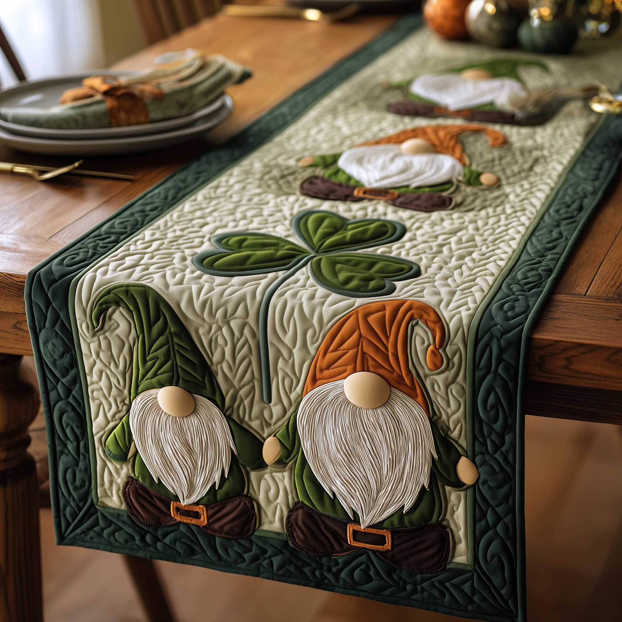 Shamrock Gnome Quilted Table Runner Elegant Holiday Decor St Patrick Gifts