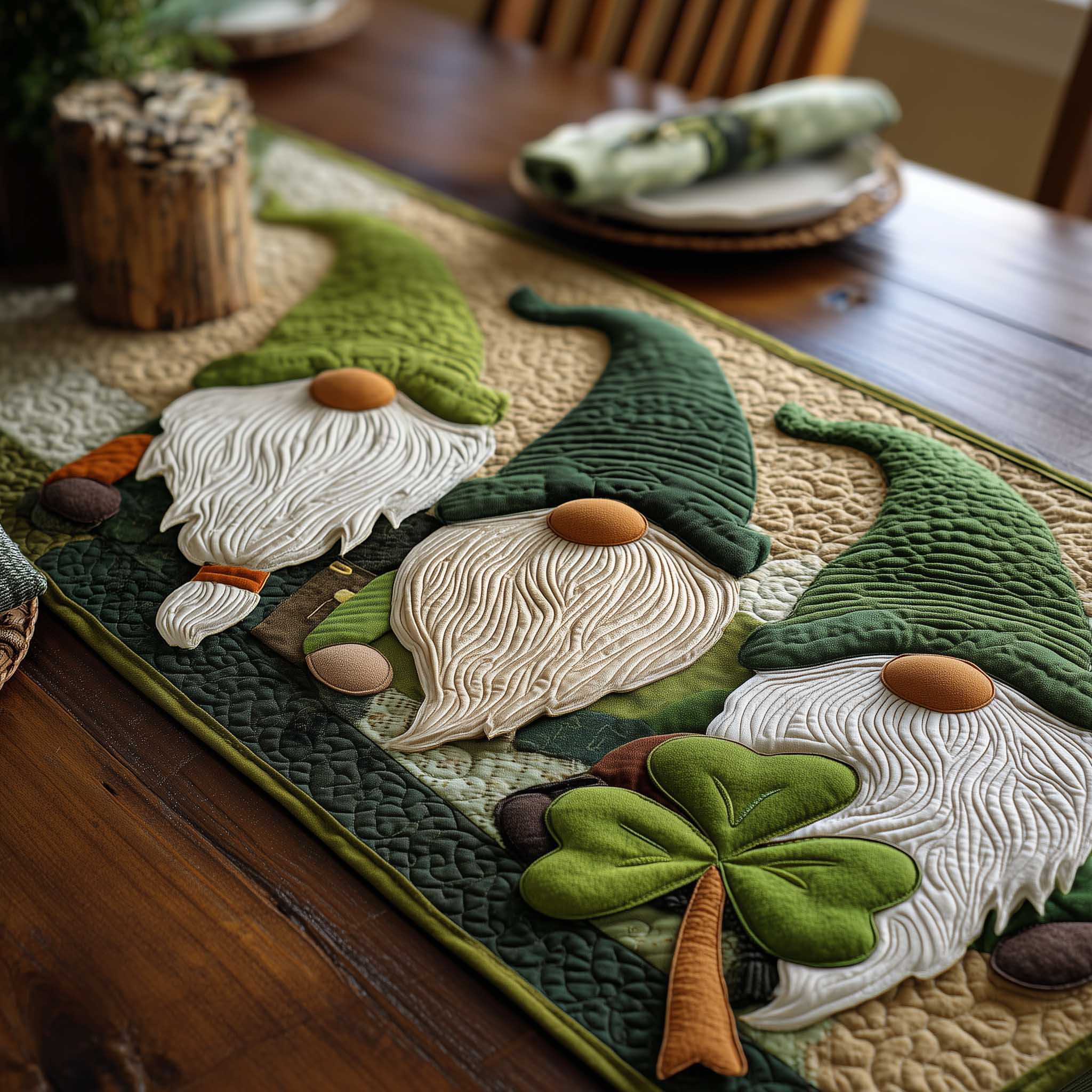 Shamrock Gnome Quilted Table Runner Elegant Holiday Table Runners St Patty Gifts