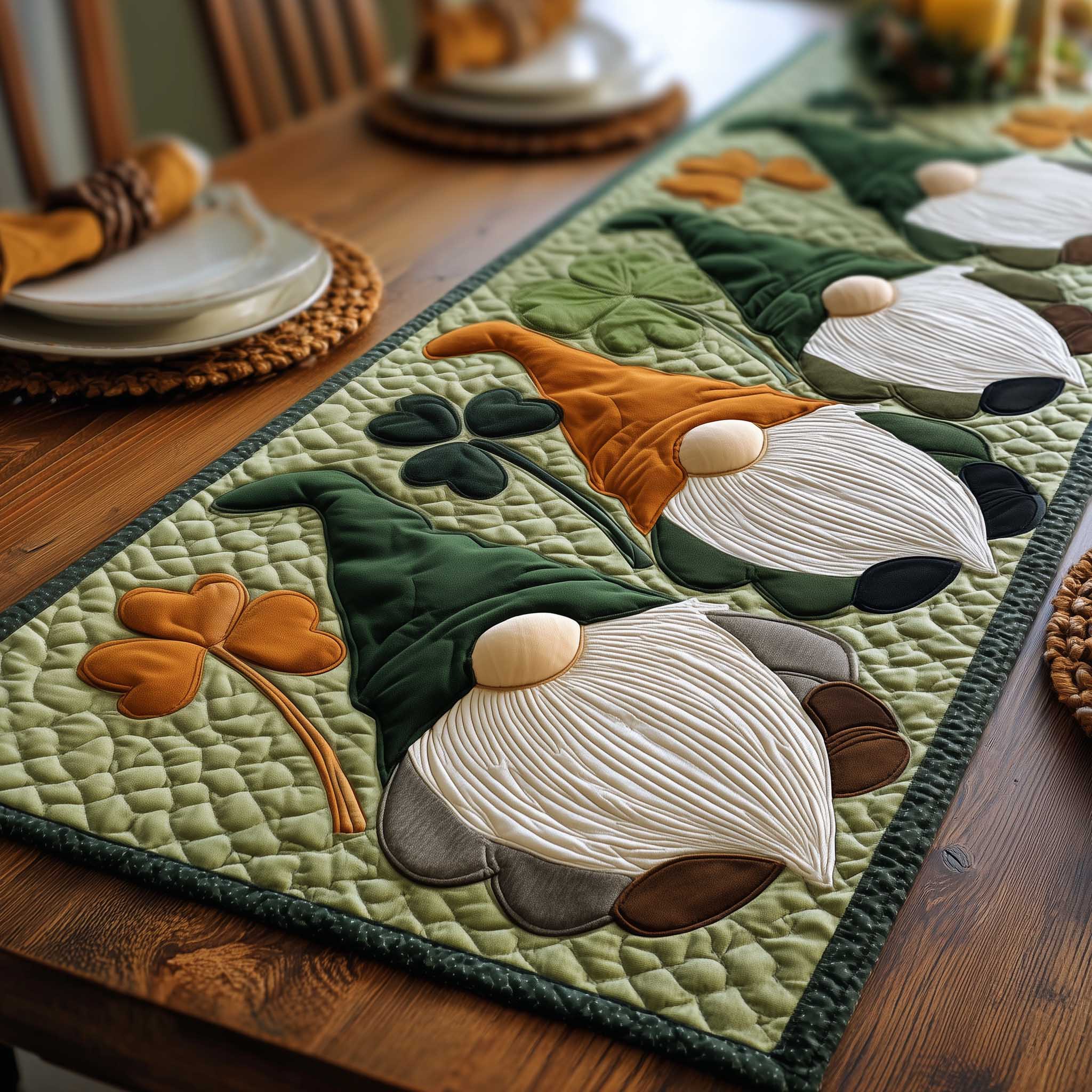 Shamrock Gnome Quilted Table Runner Holiday Dining Table Decor St Patricks Day Gift
