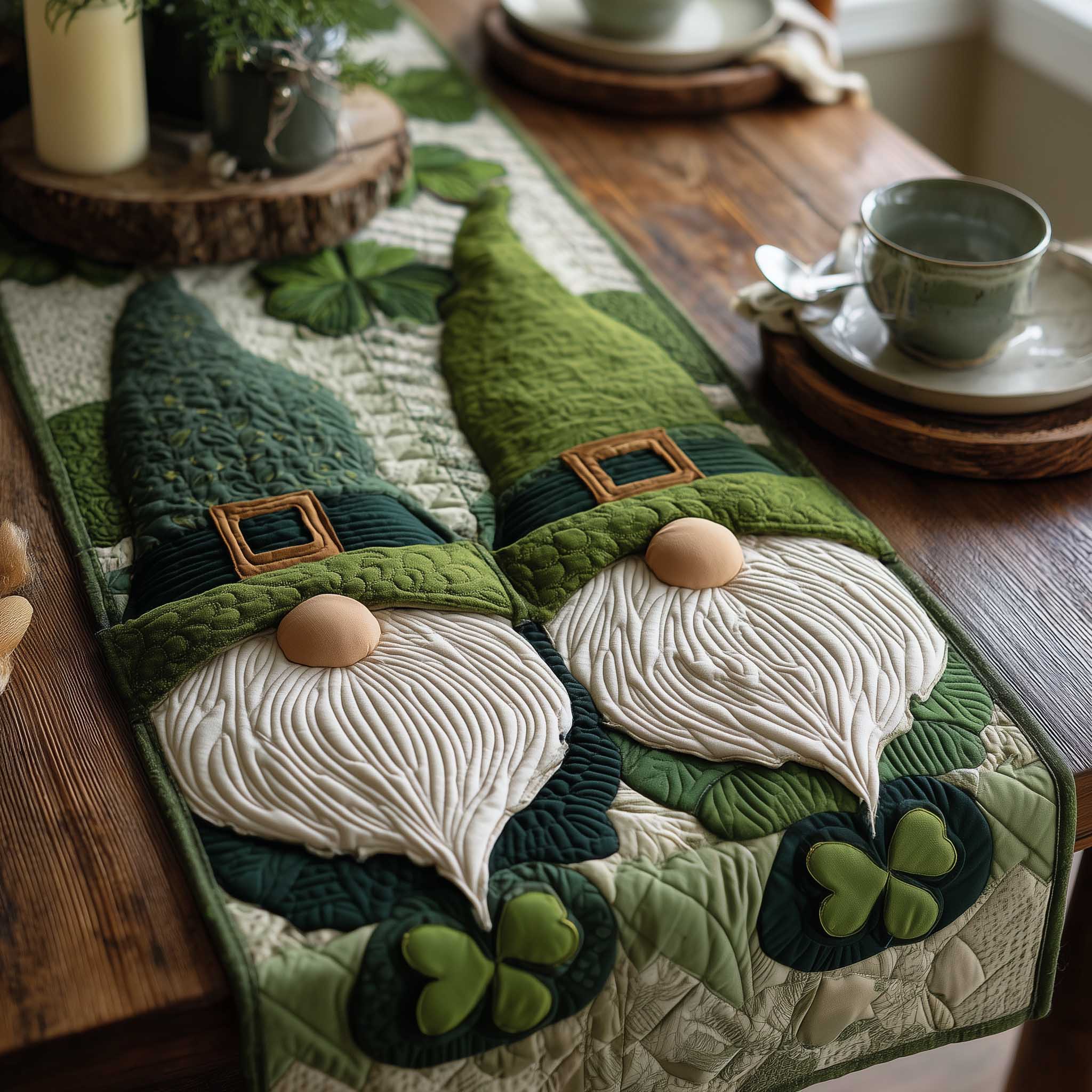 Shamrock Gnome Quilted Table Runner Holiday Table Throw St Patricks Gift