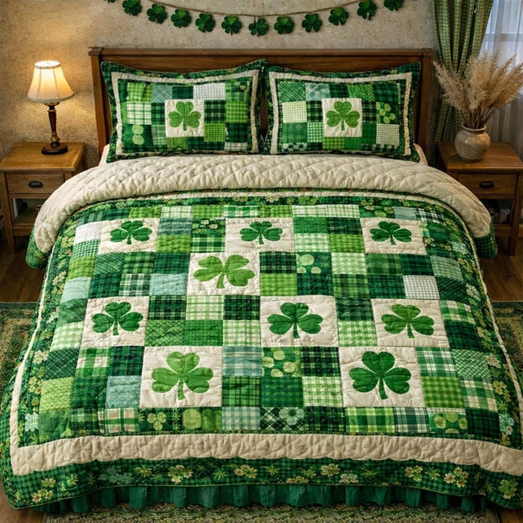 Shamrock Patchwork Quilted Bedding Set St Patrick's Day Themed Duvet Cover Set Bedroom Decor
