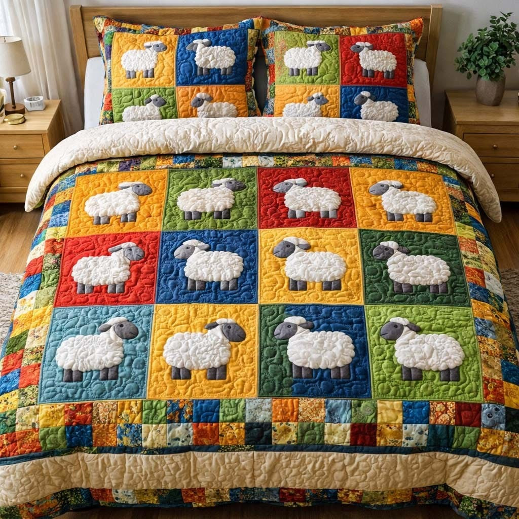 Sheep Colorful Patchwork Quilted Bedding Set Cute Animal Duvet Cover Set Gift For Sheep Lovers
