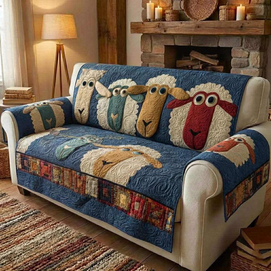 Sheep Pasture Charm Quilted Sofa Cover Cute Animal Sofa Protector Gifts For Grandma