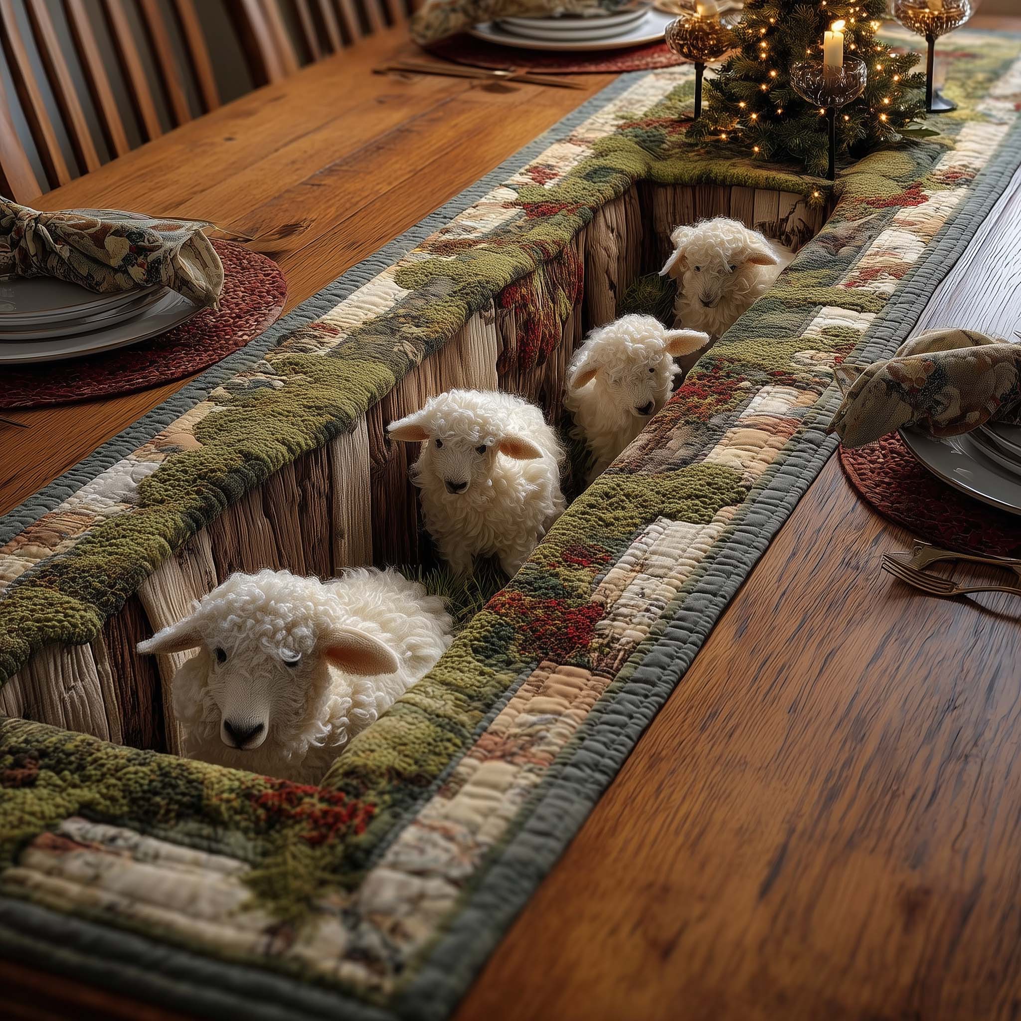 Sheep Quilted Table Runner Rustic Farmhouse Table Runner Gifts For Sheep Lovers