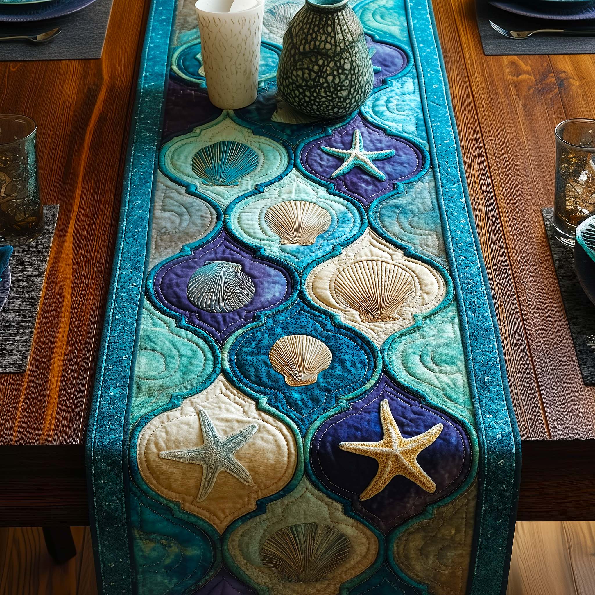 Shell Breeze Quilted Table Runner Beach Theme Table Runner Best Gift For Beach Lover