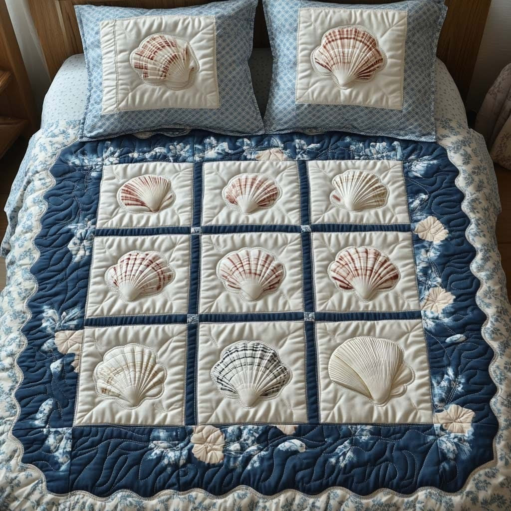Shell Grid Quilted Bedding Set Ocean Themed Duvet Cover Set Bedroom Decorations Gifts