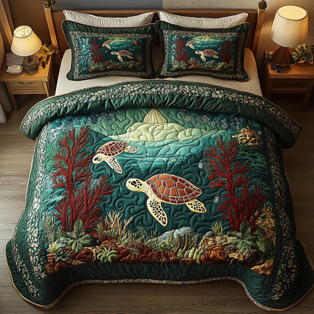 Shelled Serenity Quilted Bedding Set Unique Bed Sheets Gifts That Help Sea Turtles