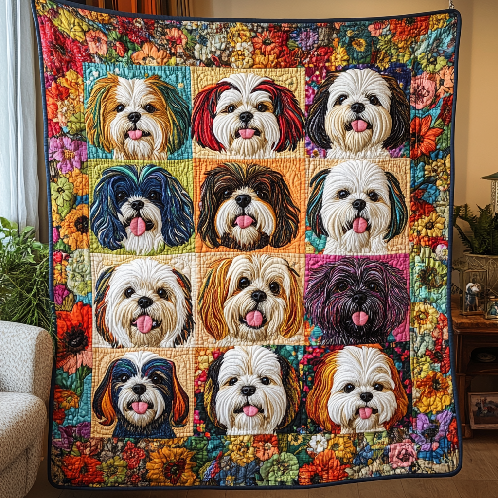 Shih Tzu Garden Quilted Blanket Aesthetic Room Decor Awesome Dog Lover Gifts