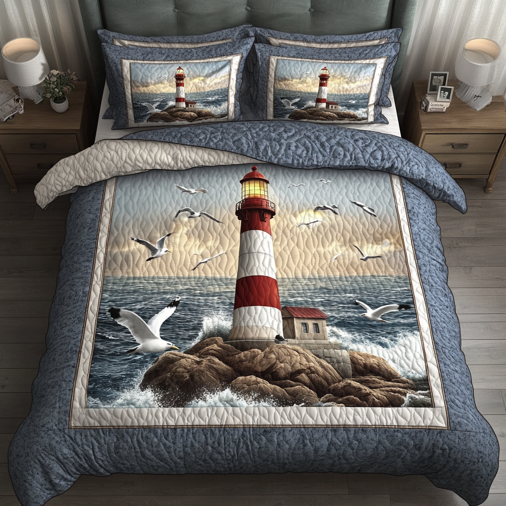 Shoreline Beam Quilted Bedding Set Aesthetic Room Decor Best Lighthouse Gifts