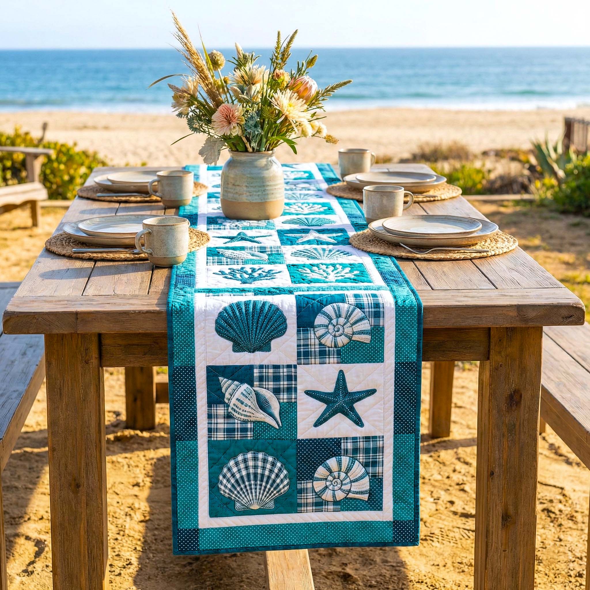 Shoreline Gems Quilted Table Runner Beach Theme Table Runner Christmas Gifts For Ocean Lovers