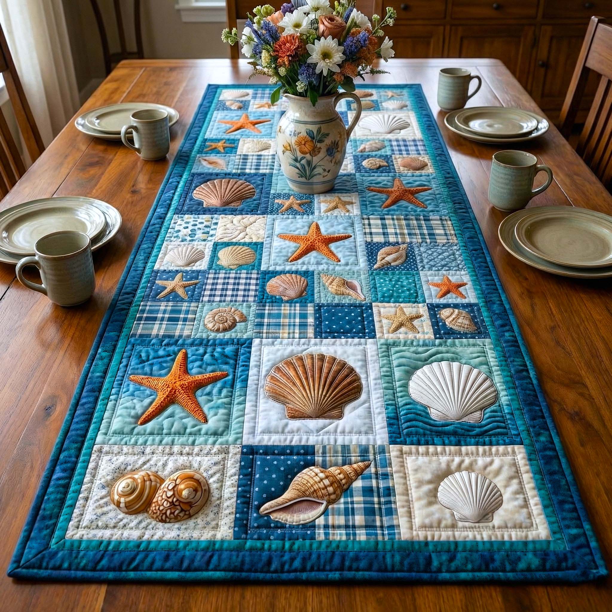 Shoreline Gems Quilted Table Runner Coastal Style Table Runners Beach Gifts For Men