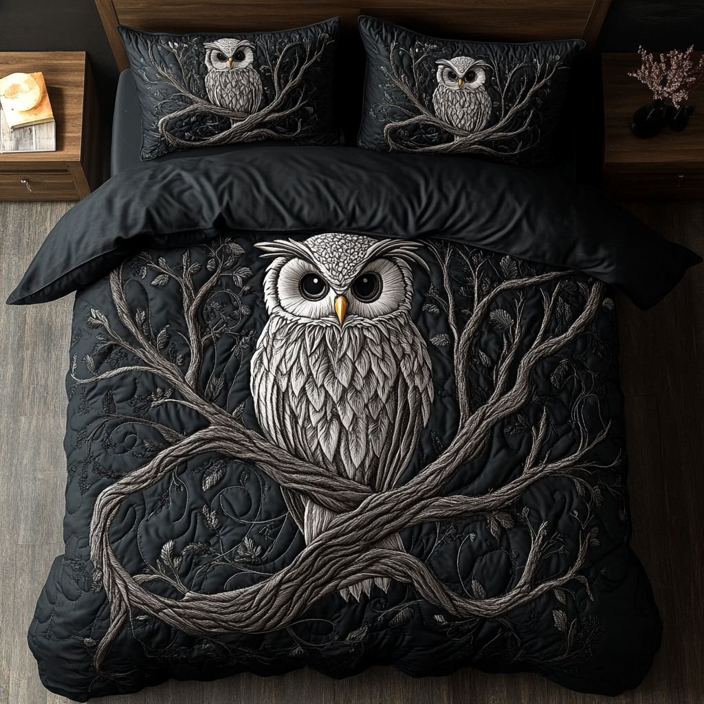 Silent Watcher Quilted Bedding Set Unique Bed Sheets Owl Gifts For Women