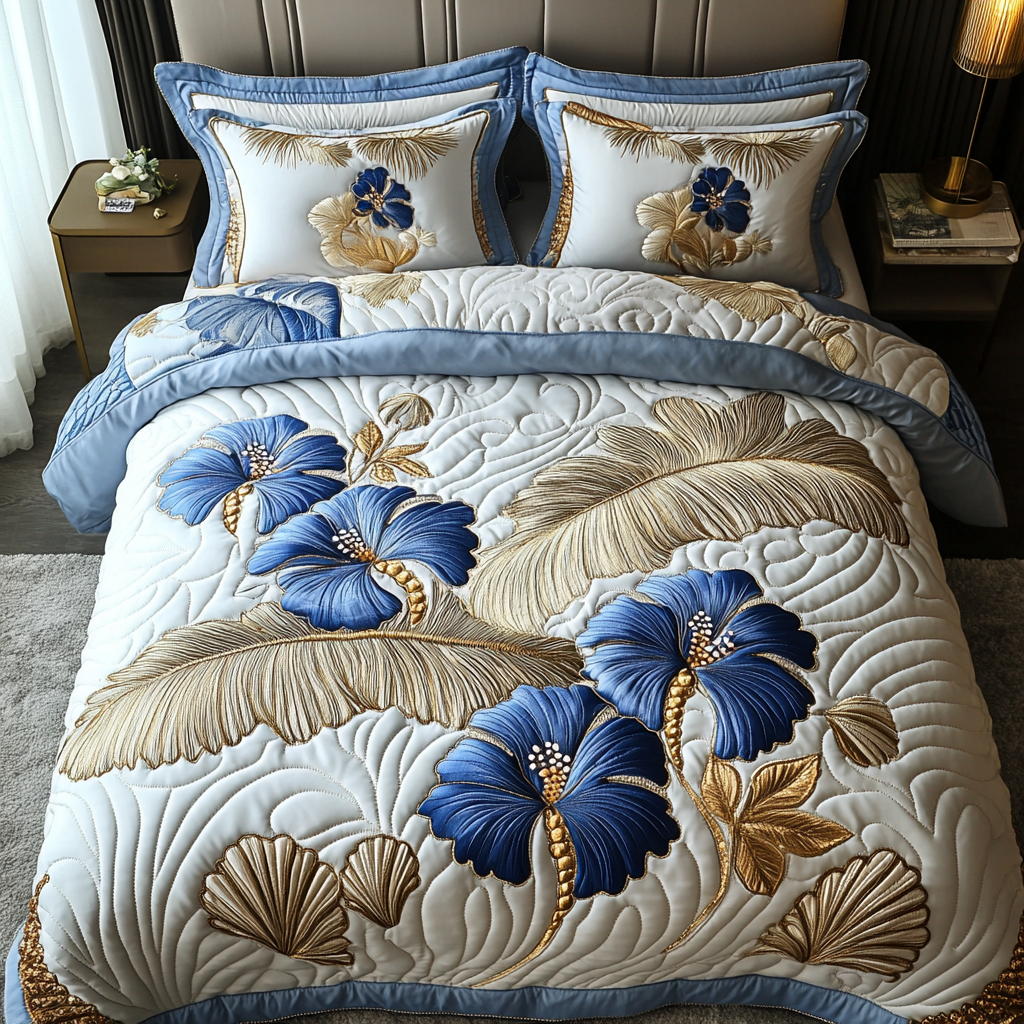 Silver Hibiscus Quilted Bedding Set Cute Bed Sets For Teens Mother'S Day Gift For Daughter From Mom