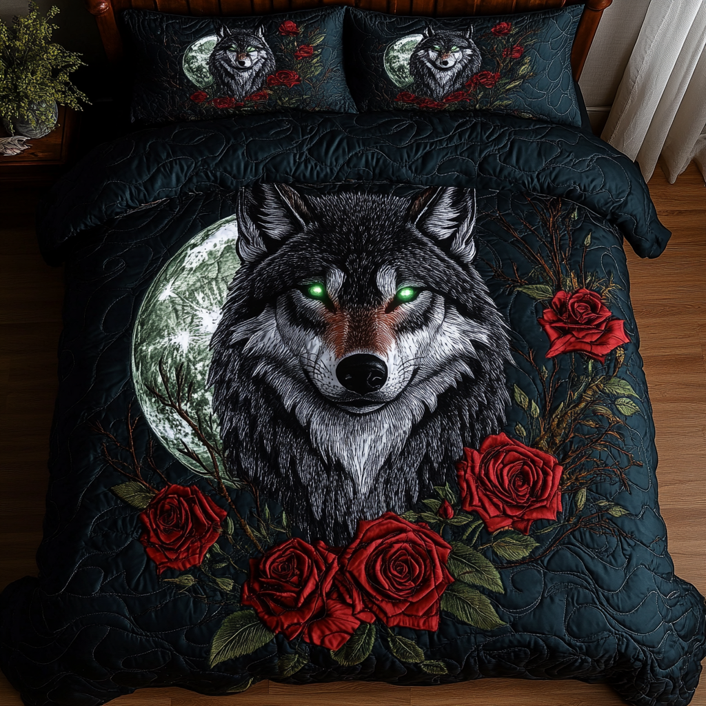 Silver Moon Wolf Quilted Bedding Set Aesthetic Room Decor Awesome Birthday Gift Ideas