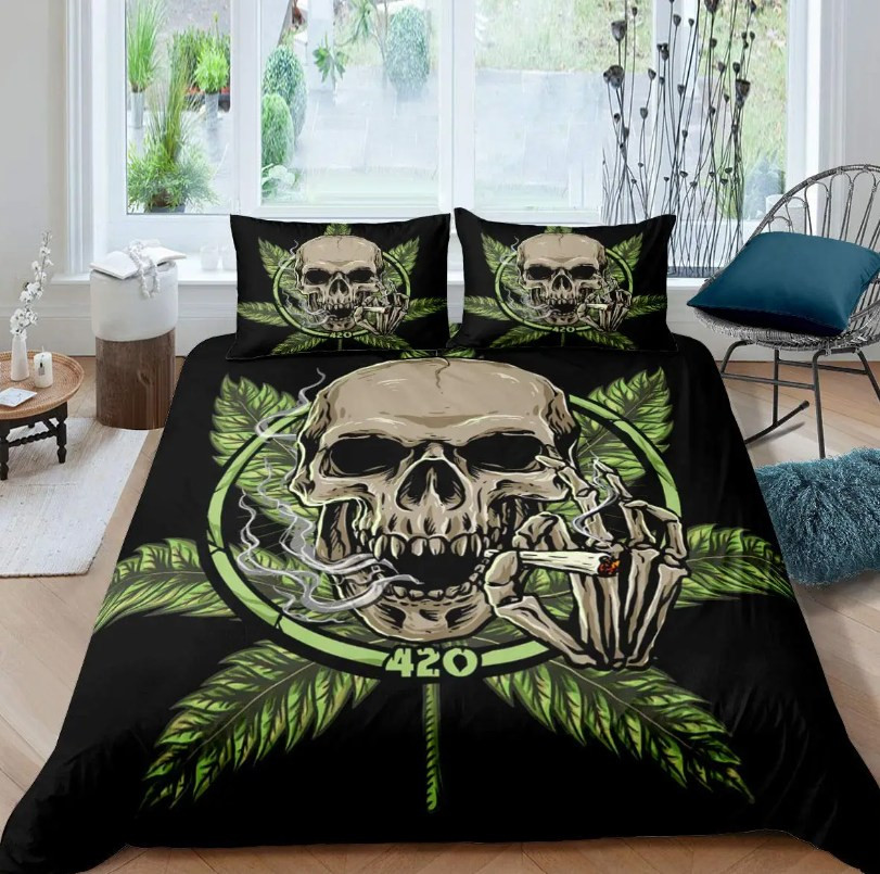 Skull 420 Quilted Bedding Set Cannabis Leaves Bedspread Set Bedroom Decorations Gifts
