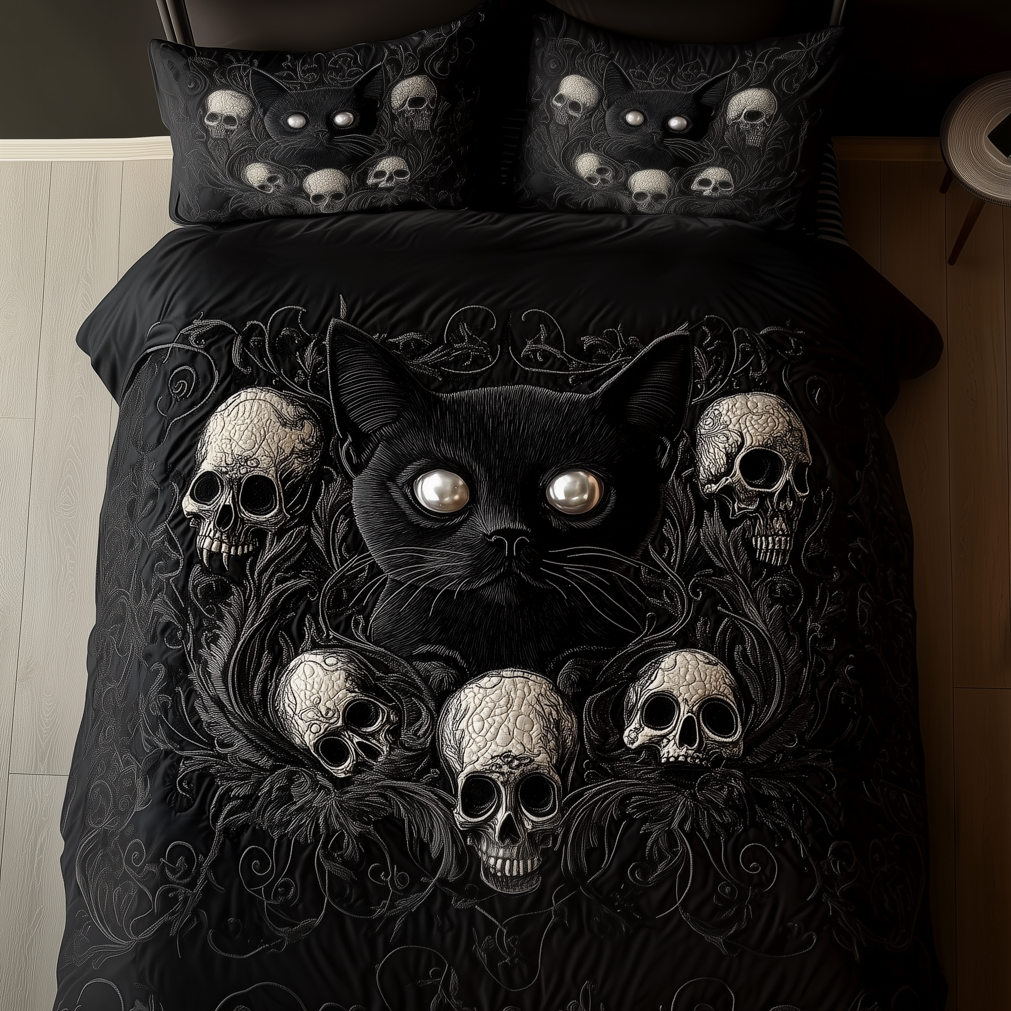 Skull And Black Cat Quilted Bedding Set Bedroom Xmas Decor Skull Christmas Gifts