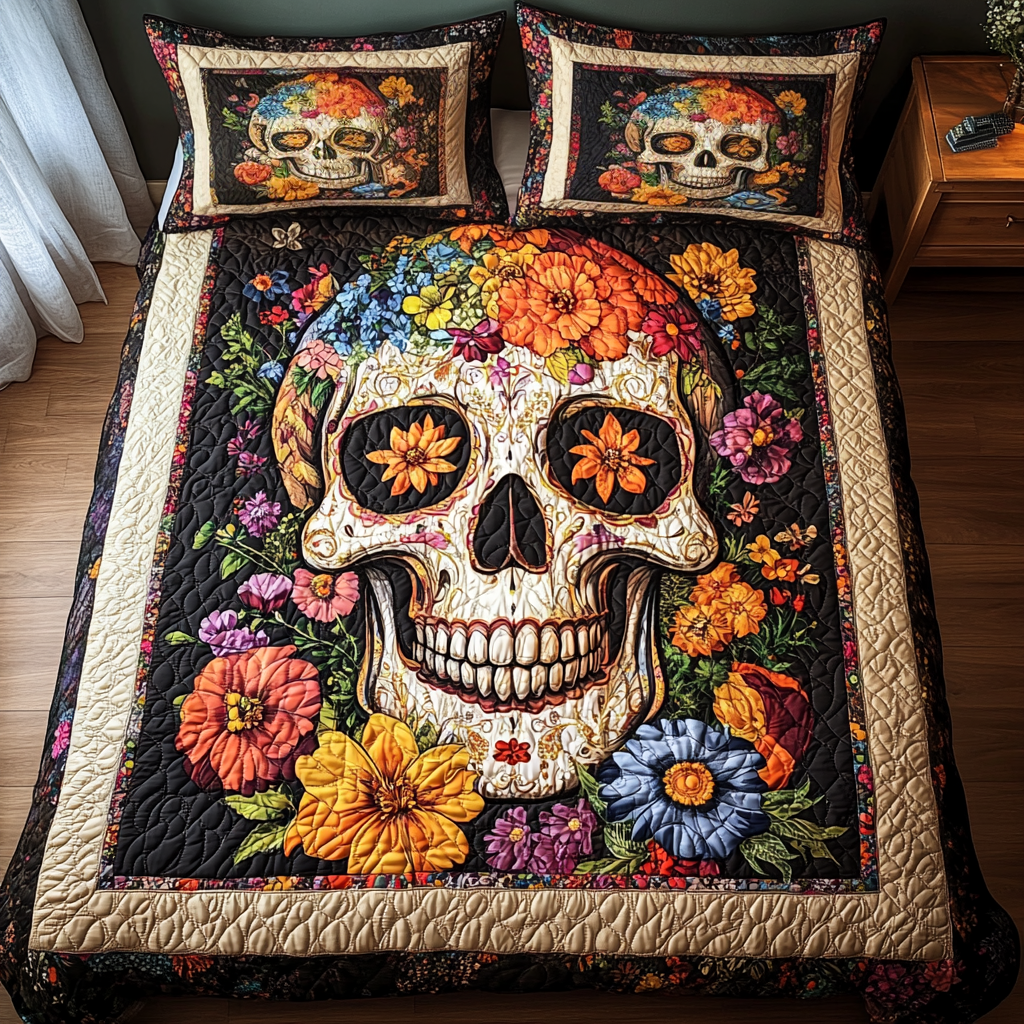 Skull And Blooms Quilted Bedding Set Best Sheet Sets Skull Gifts For Women