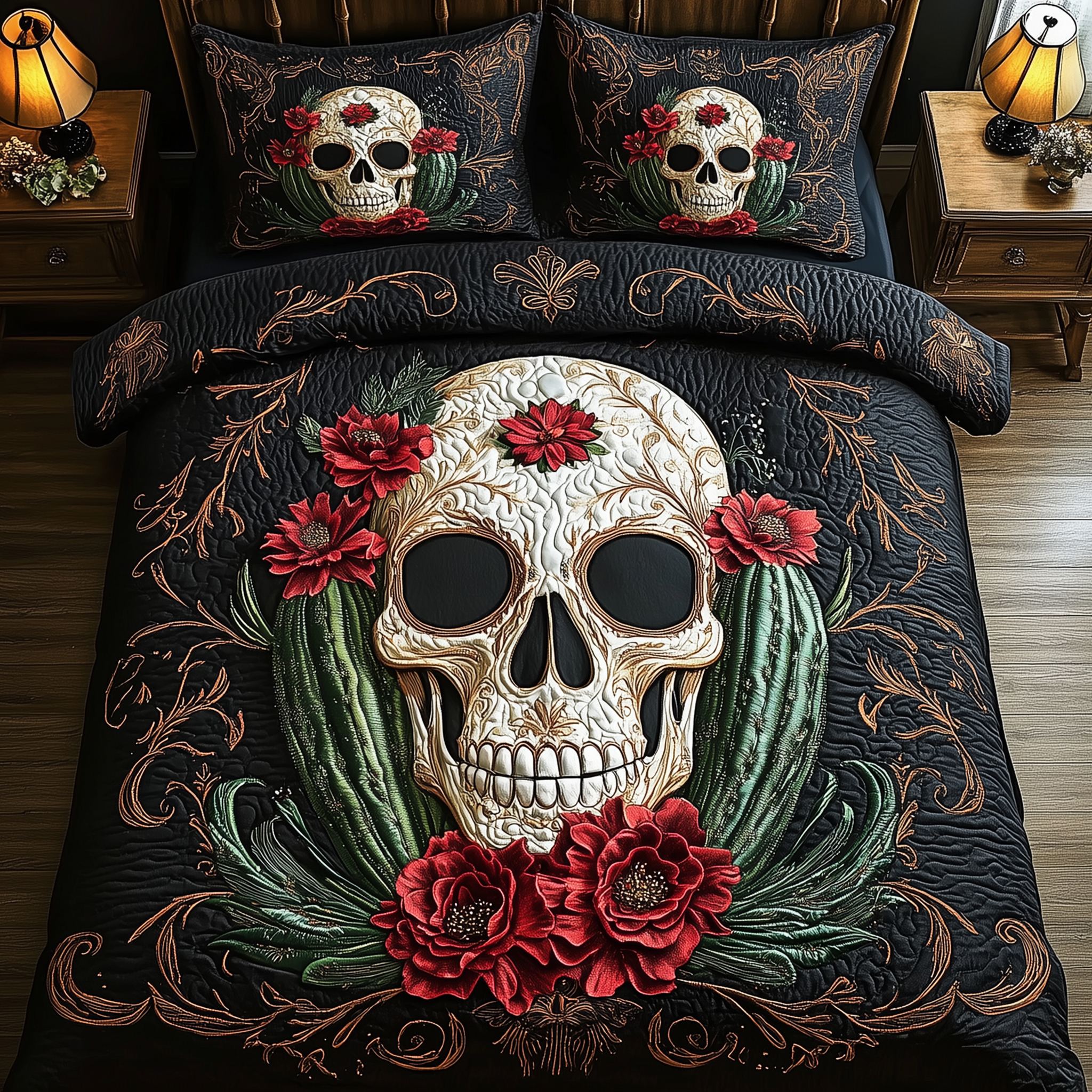 Skull Cactus Quilted Bedding Set Boho Bedroom Ideas Gifts For Skull Lovers
