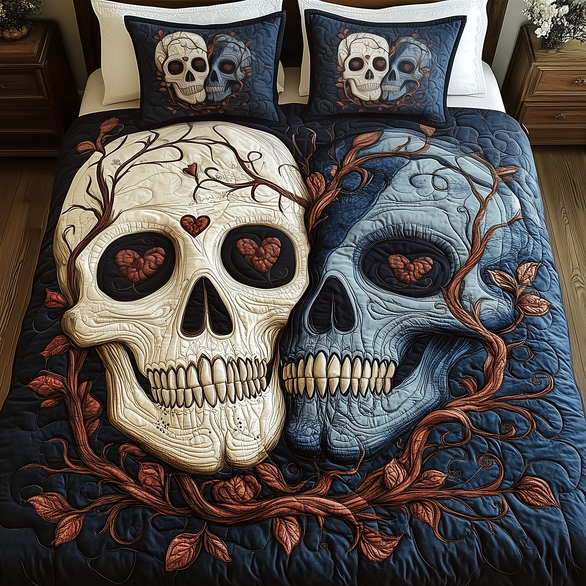 Skull Couple Quilted Bedding Set Bed Room Decoration Gifts For Skull Lovers