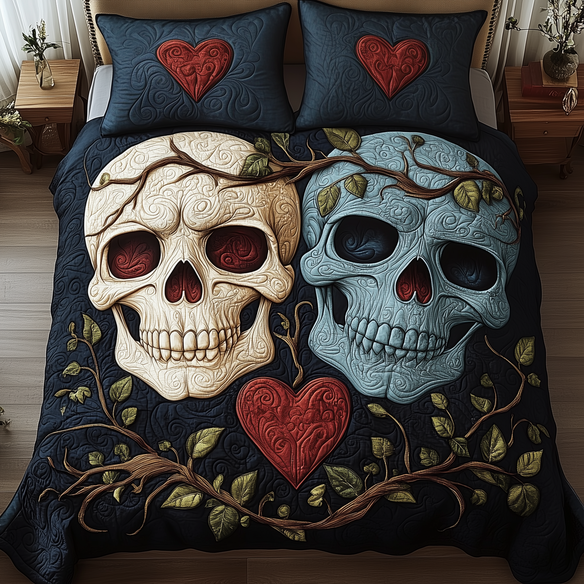 Skull Couple Quilted Bedding Set Bedroom Decor Skull Presents For Her
