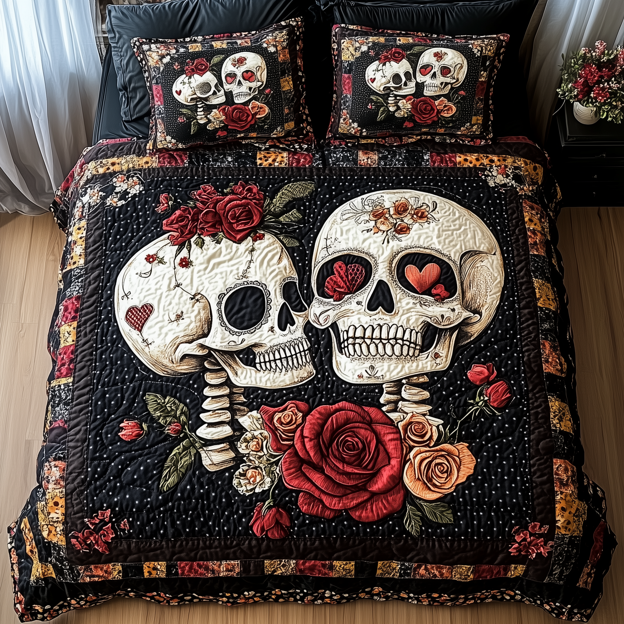 Skull Couple Quilted Bedding Set Best King Bed Sheets Gifts For People Who Like Skulls