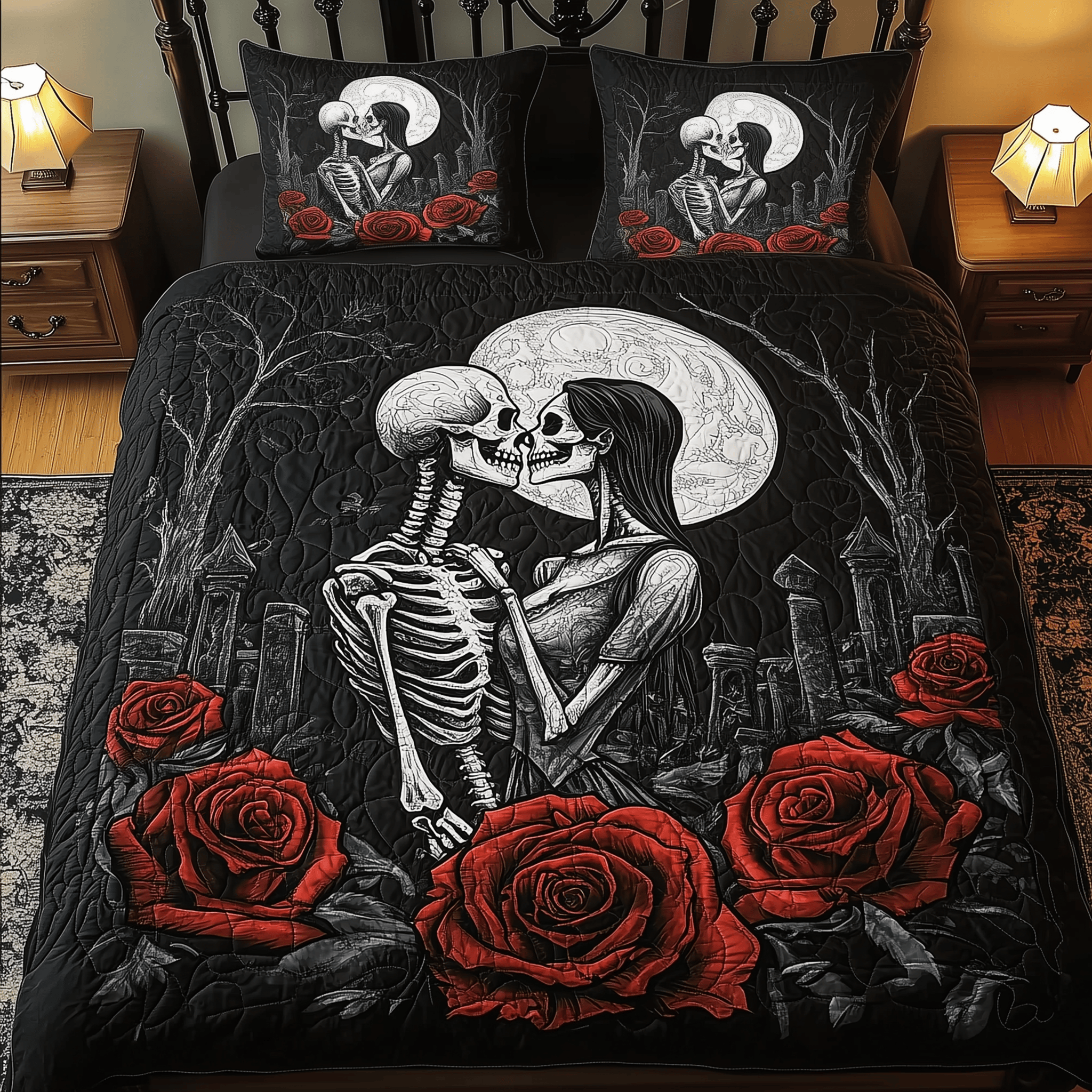 Skull Couple Quilted Bedding Set Boho Bedroom Furniture Skull Gifts For Men
