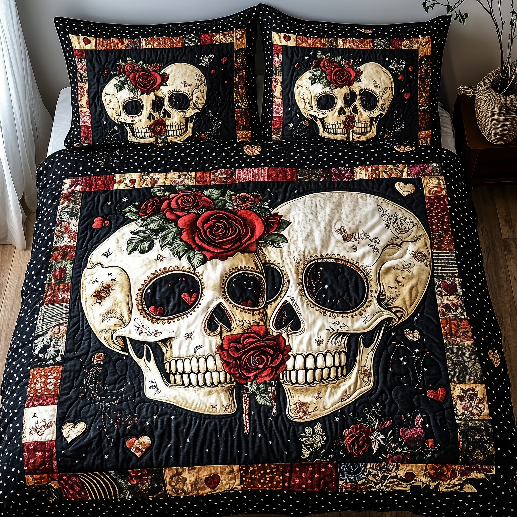 Skull Couple Quilted Bedding Set Unique Bed Sheets Skull Gifts For Men Women
