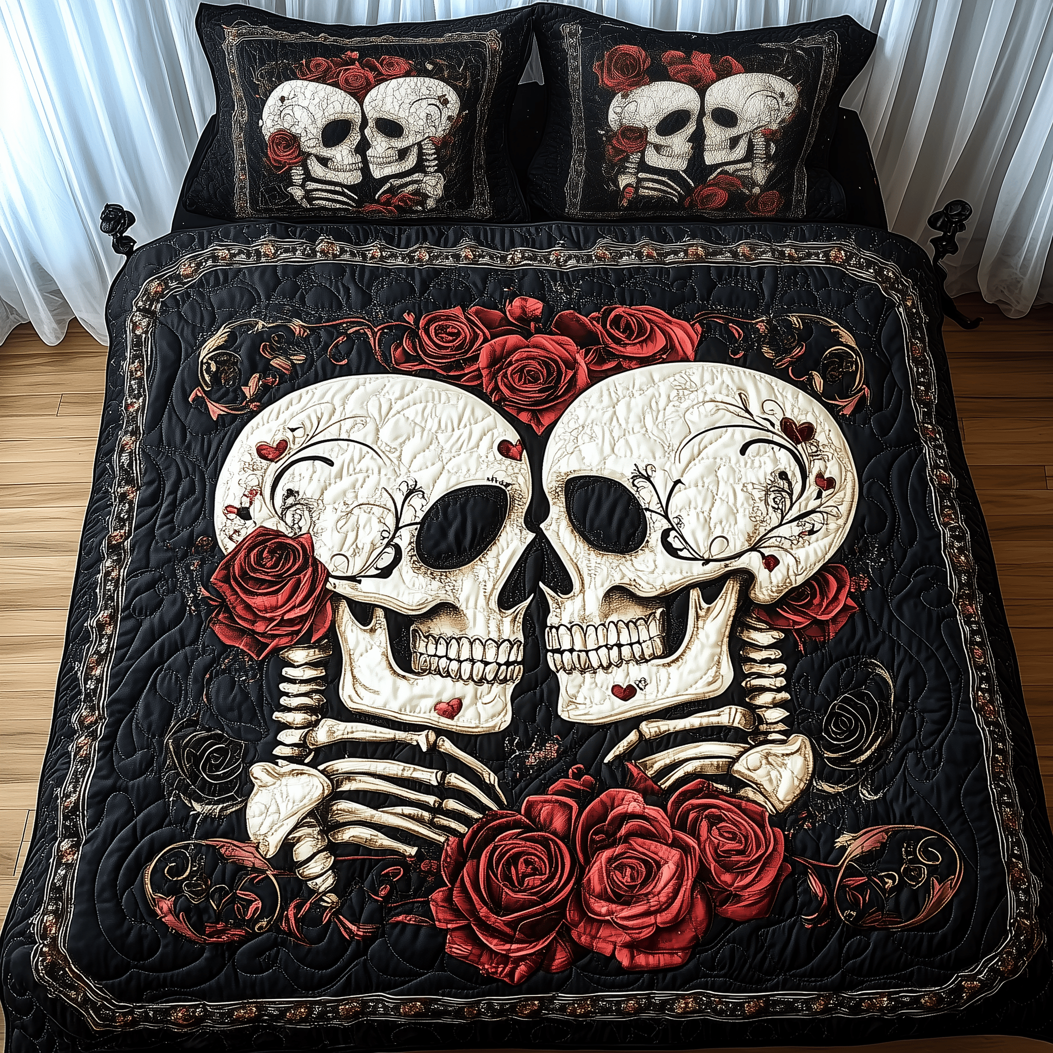 Skull Couple Quilted Bedding Set Unusual Bed Sheets Skull Gifts For Her