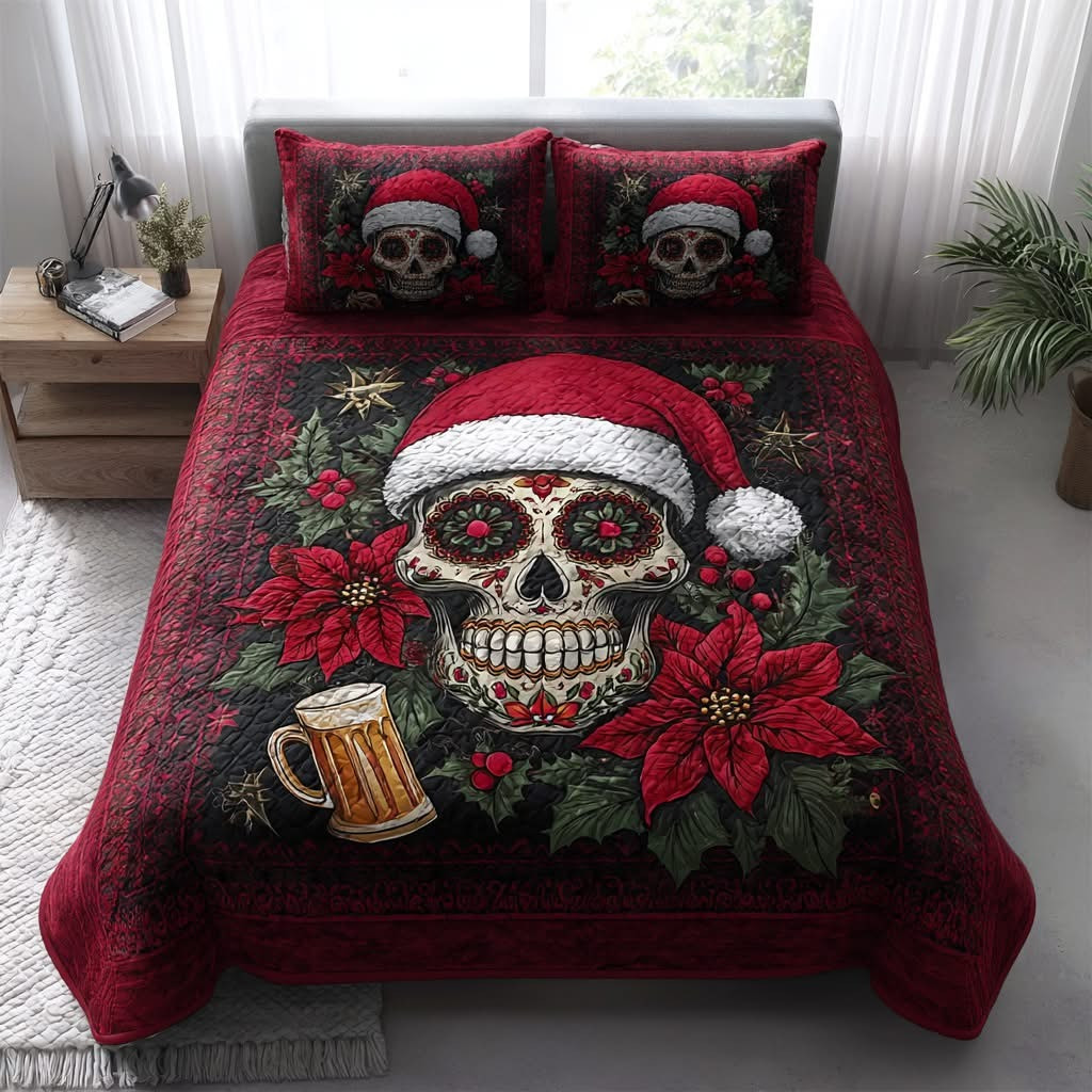 Skull Drinking Beer Christmas Quilted Bedding Set Duvet Cover Xmas Gifts For Beer Lovers