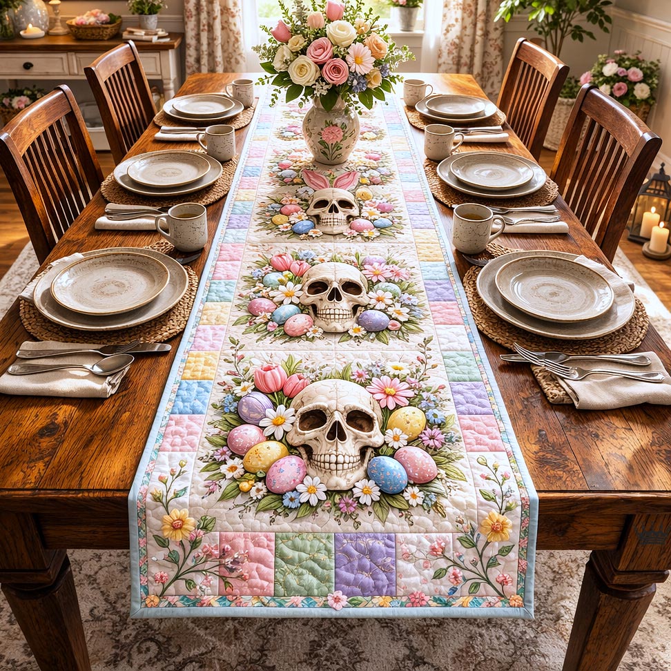 Skull Easter Quilted Table Runner Easter Themed Table Runner Happy Easter Decorations