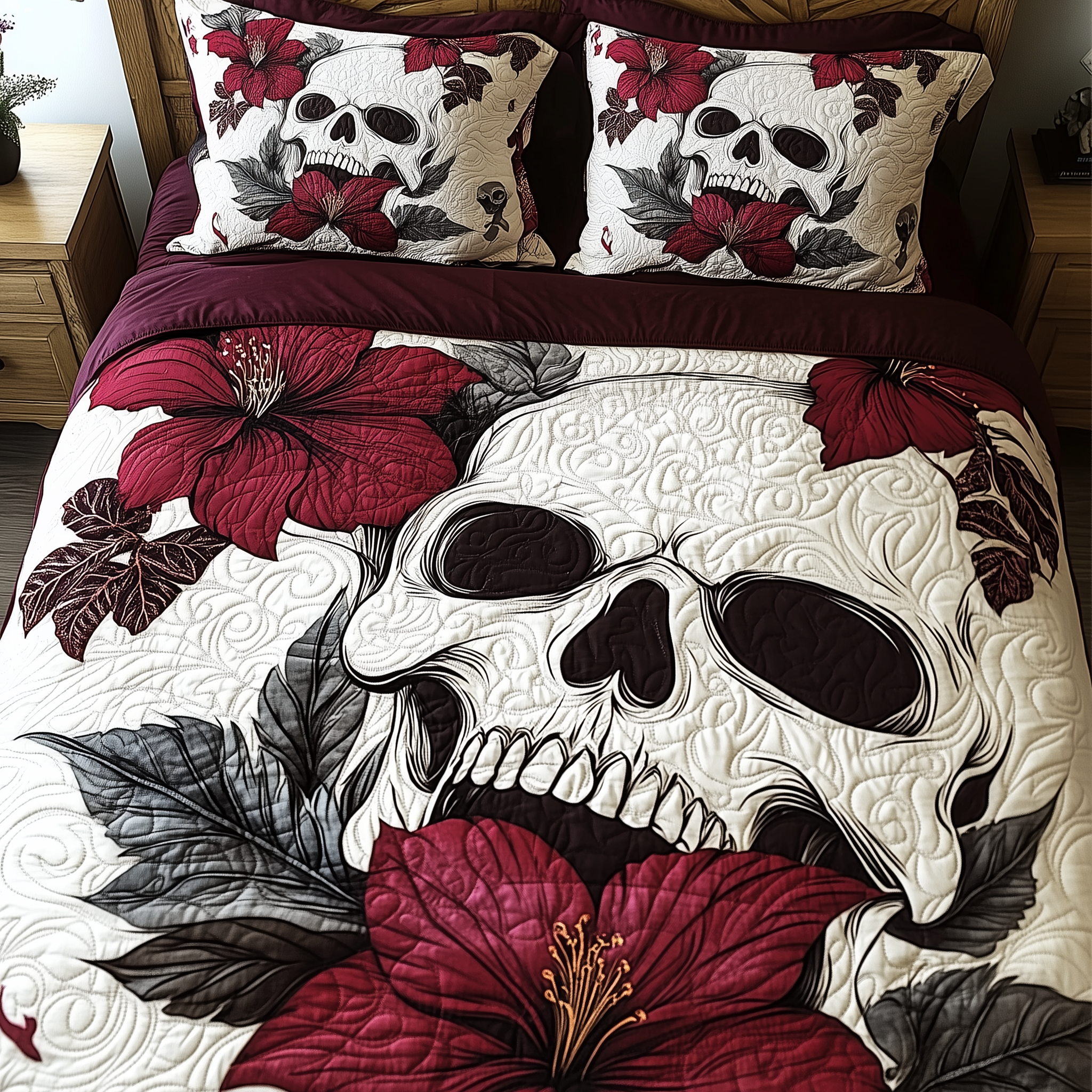 Skull Hibiscus Quilted Bedding Set Cover Bed Set Skull Gifts For Him