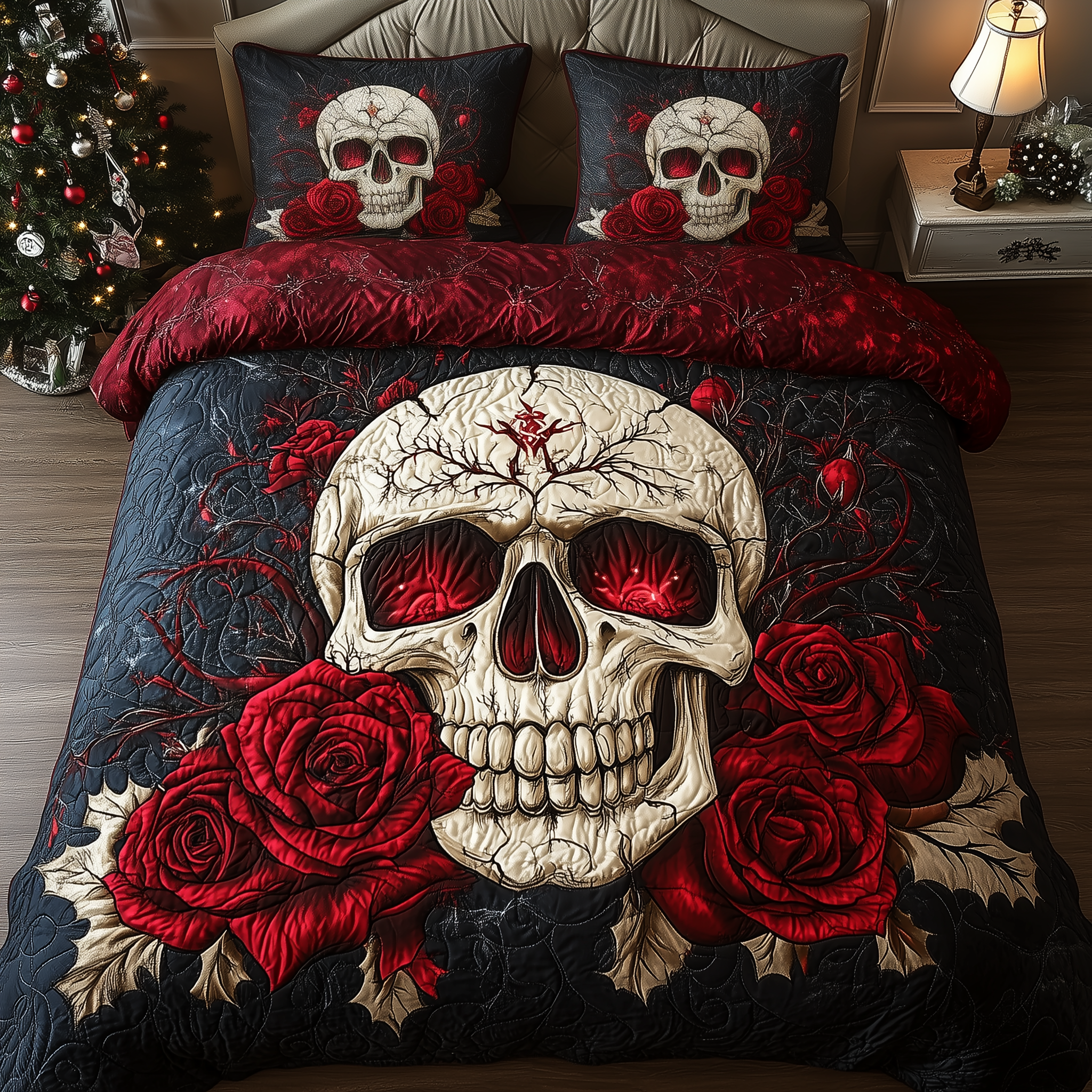 Skull in Blooming Roses Quilted Bedding Set Cozy Bedroom Ideas Skull Gifts For Her