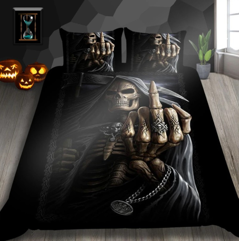 Skull Middle Finger Quilted Bedding Set Grim Reaper Bedsheet Set Bedroom Decor Gifts