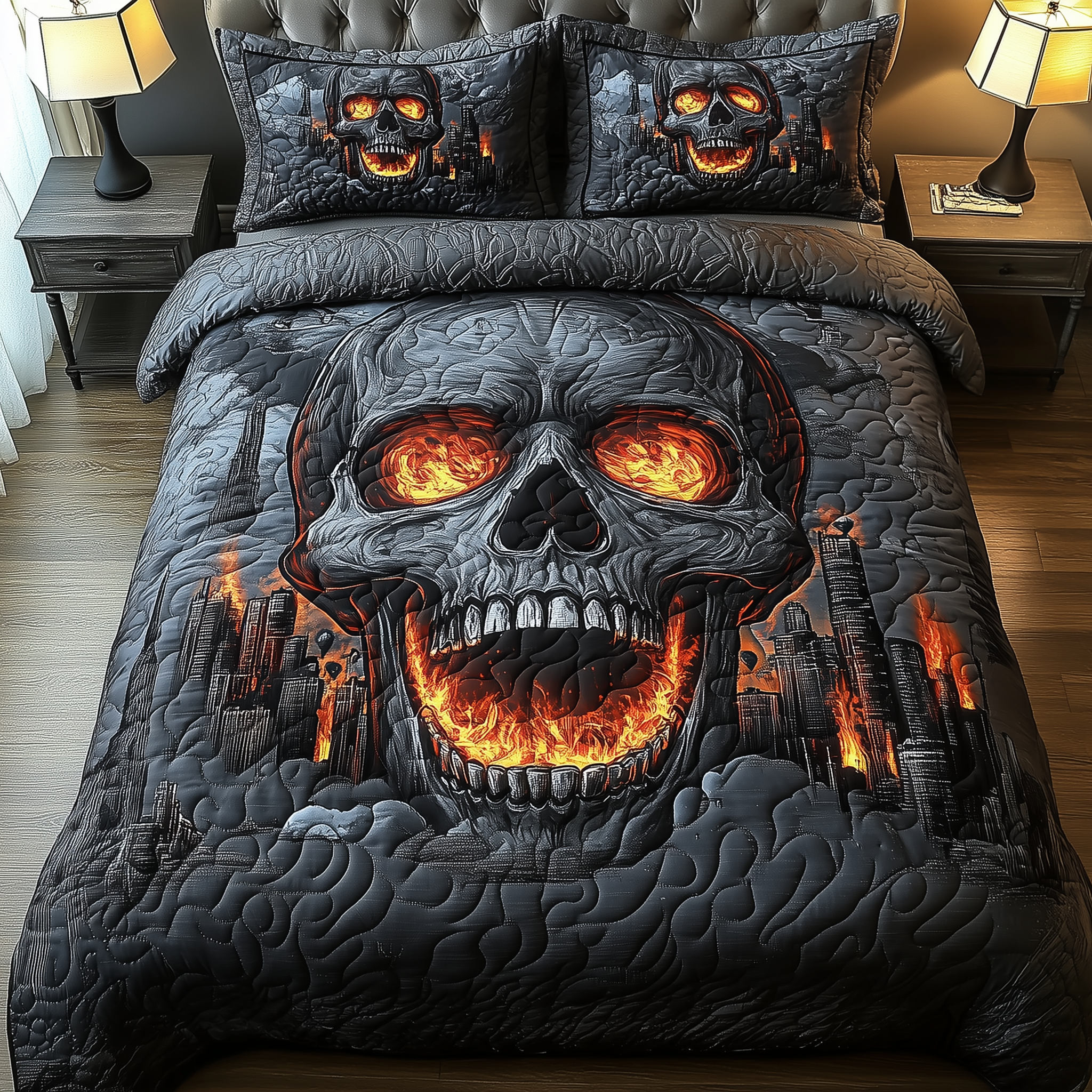 Skull On Fire Quilted Bedding Set Bed Comforter Sets Unique Skull Gifts For Him