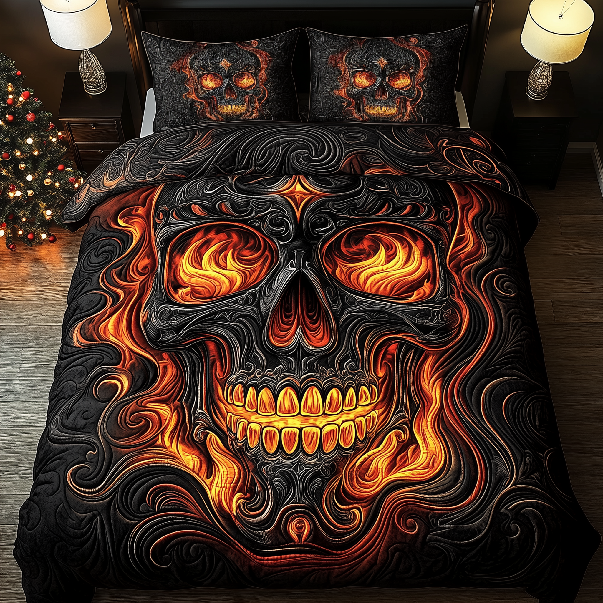 Skull On Fire Quilted Bedding Set Boho Bedroom Furniture Skull Stuff For Guys