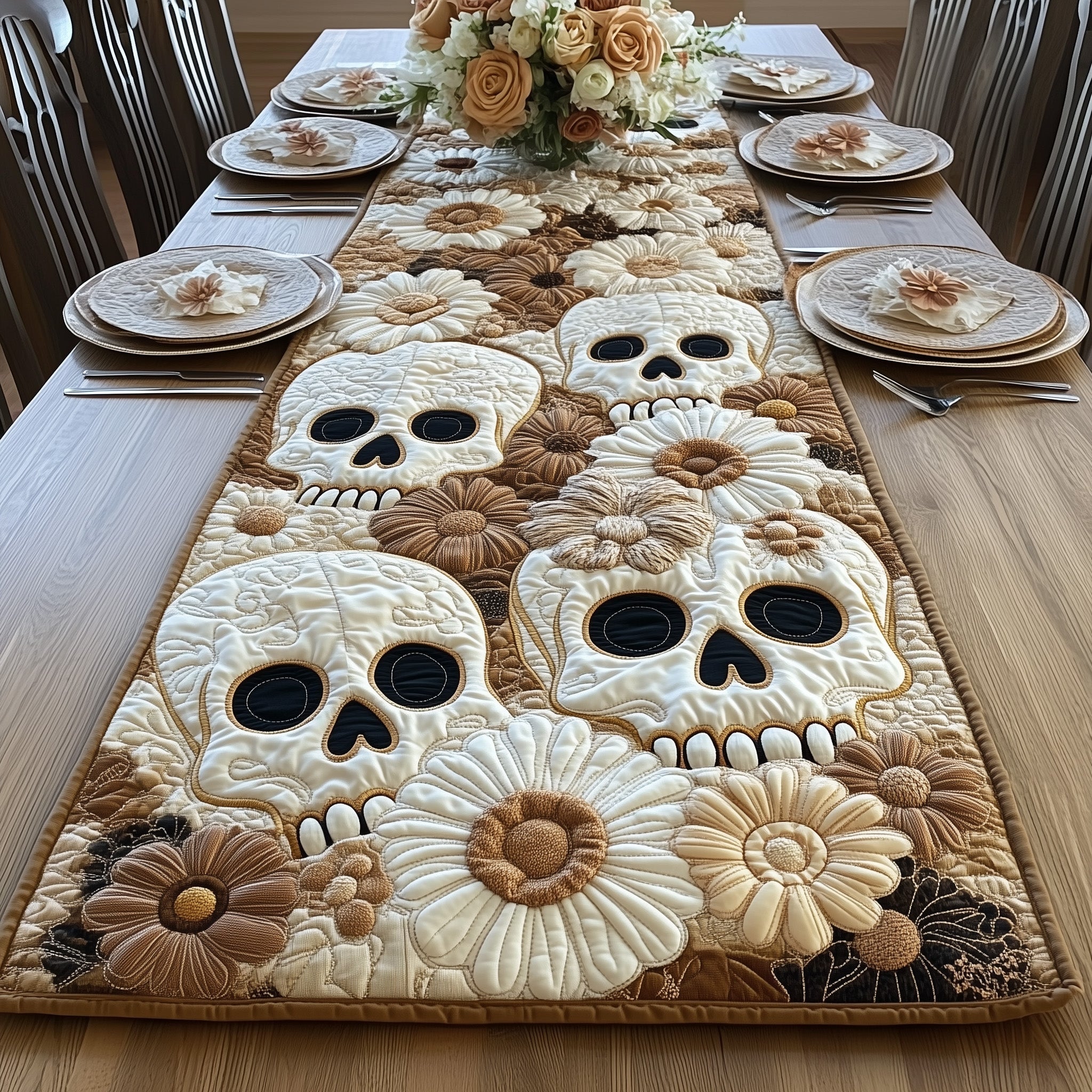 Skull Patchwork Quilted Table Runner Dining Room Table Decor Dia De Los Muertos Gifts