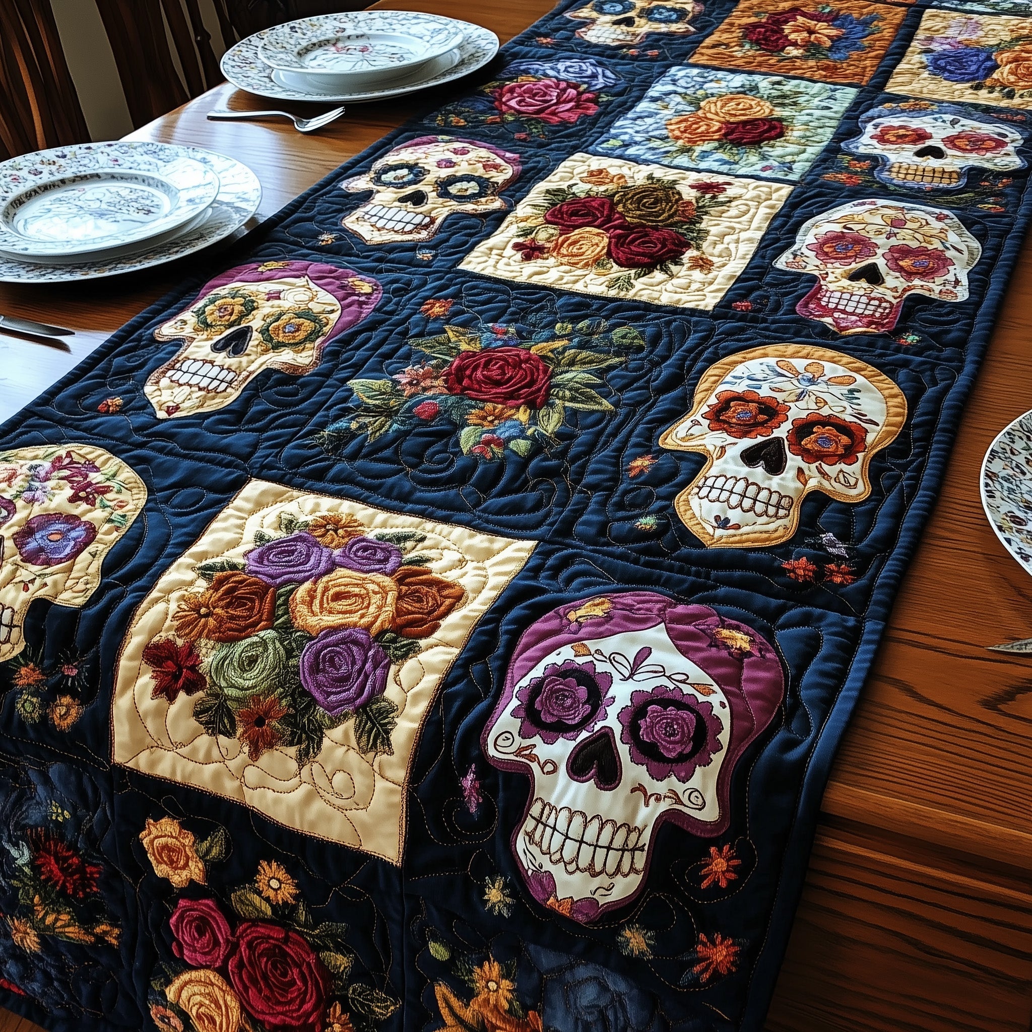 Skull Patchwork Quilted Table Runner Dining Table Decor Ideas Day Of The Dead Merchandise